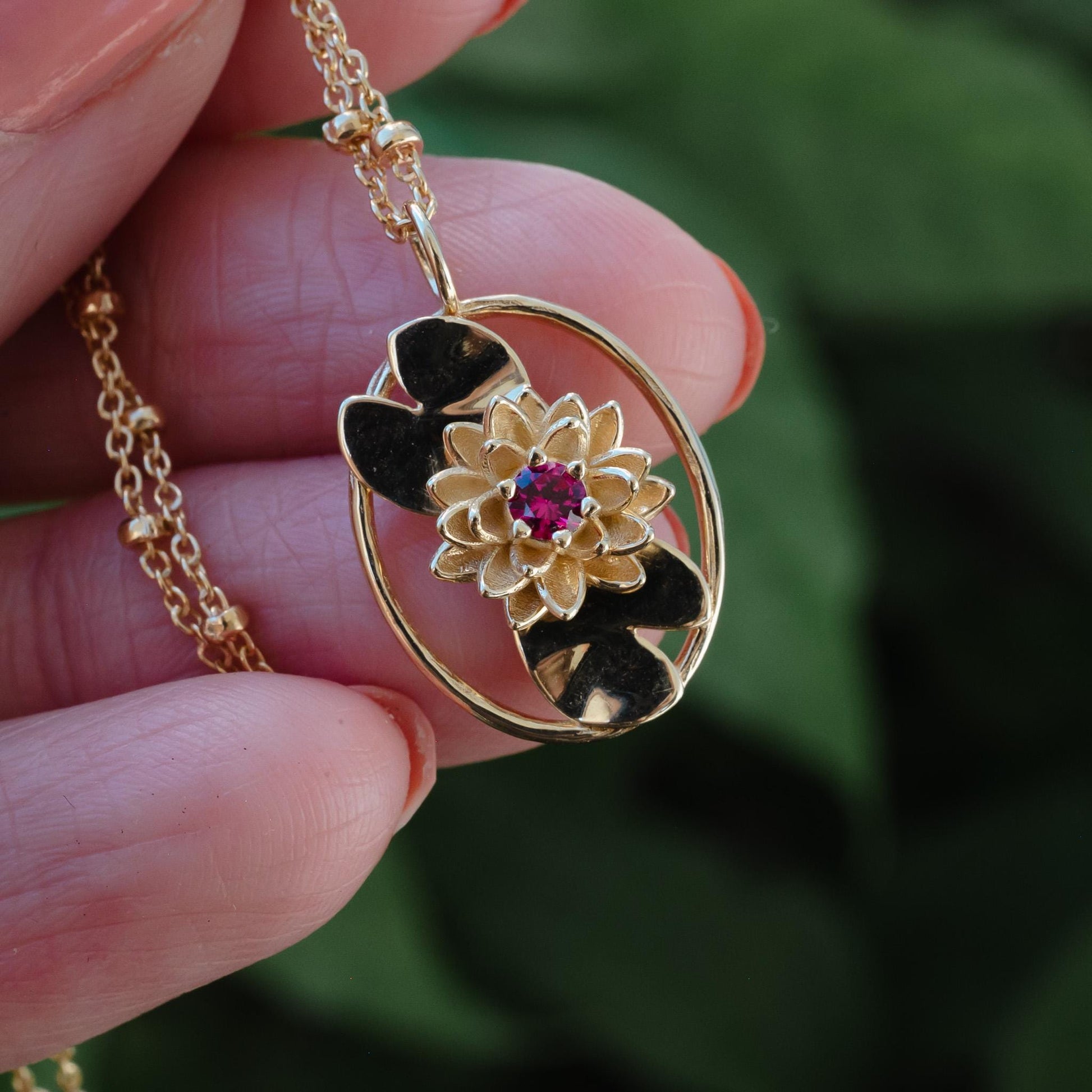 Water Lily - Personalized Jewelry - July Birth Month Flower Gift, 14K Gold Plate with a Beaded Gold Filled chain