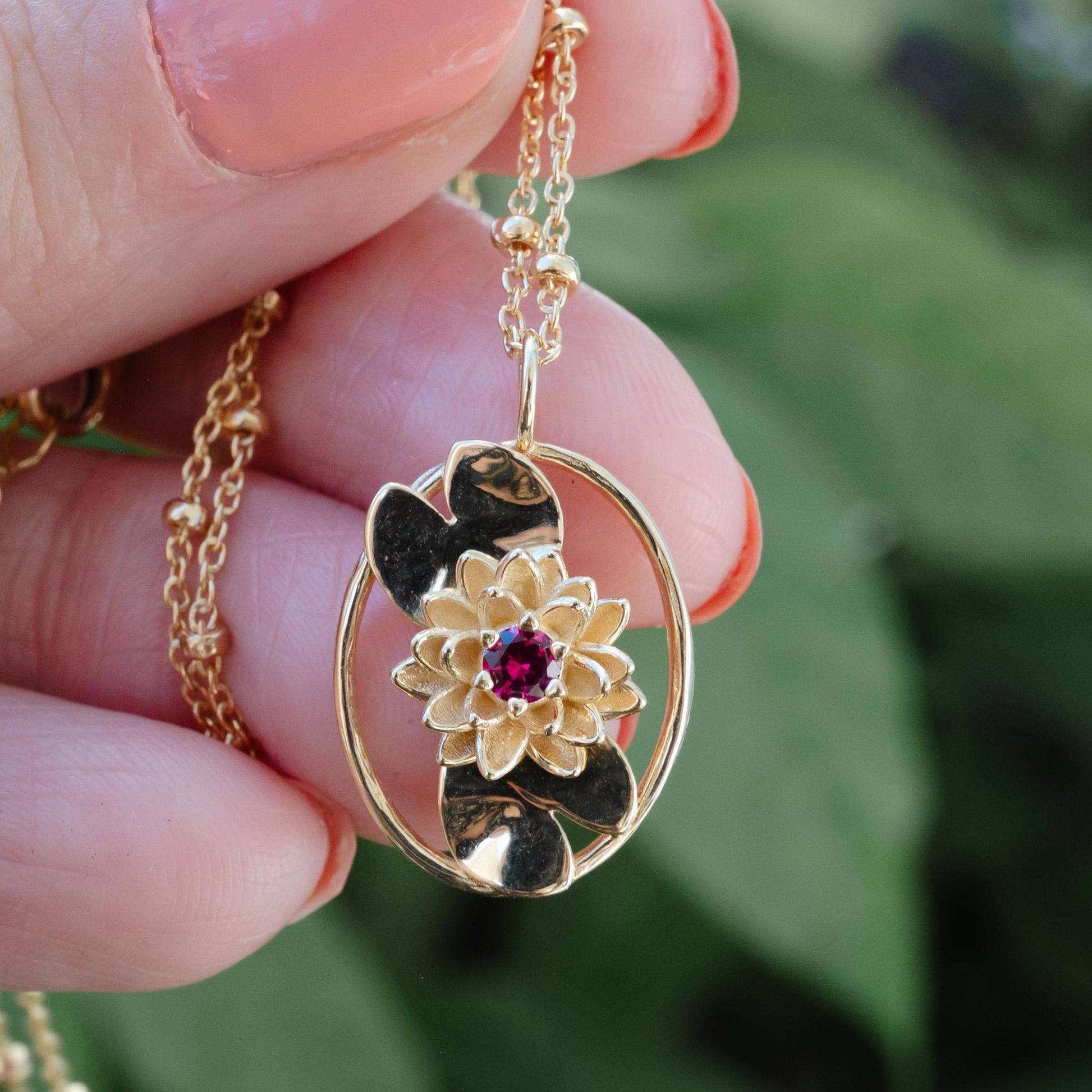Water Lily - Personalized Jewelry - July Birth Month Flower Gift, 14K Gold Plate with a Beaded Gold Filled chain