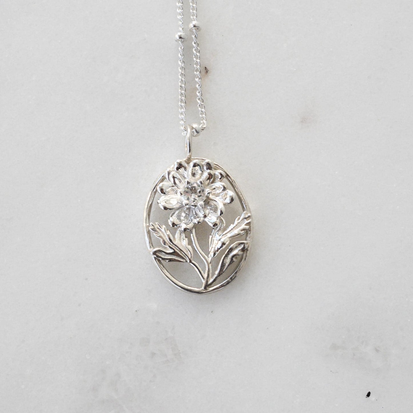 Daisy- Personalized Jewelry - April Birth Month Flower Gift, 14K Gold Plate with a Beaded Gold Filled chain