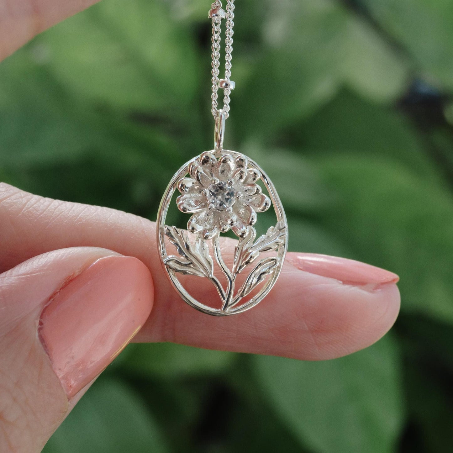 Daisy- Personalized Jewelry - April Birth Month Flower Gift, 14K Gold Plate with a Beaded Gold Filled chain