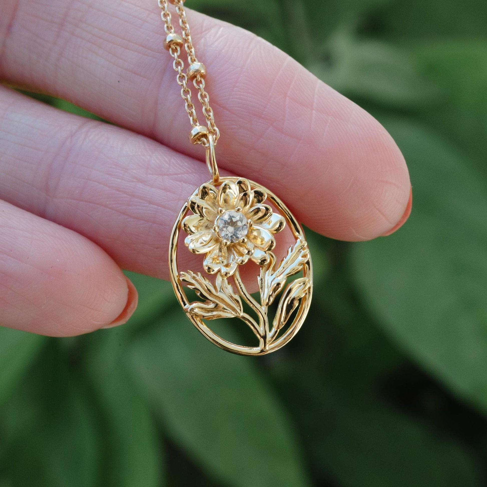 Daisy- Personalized Jewelry - April Birth Month Flower Gift, 14K Gold Plate with a Beaded Gold Filled chain