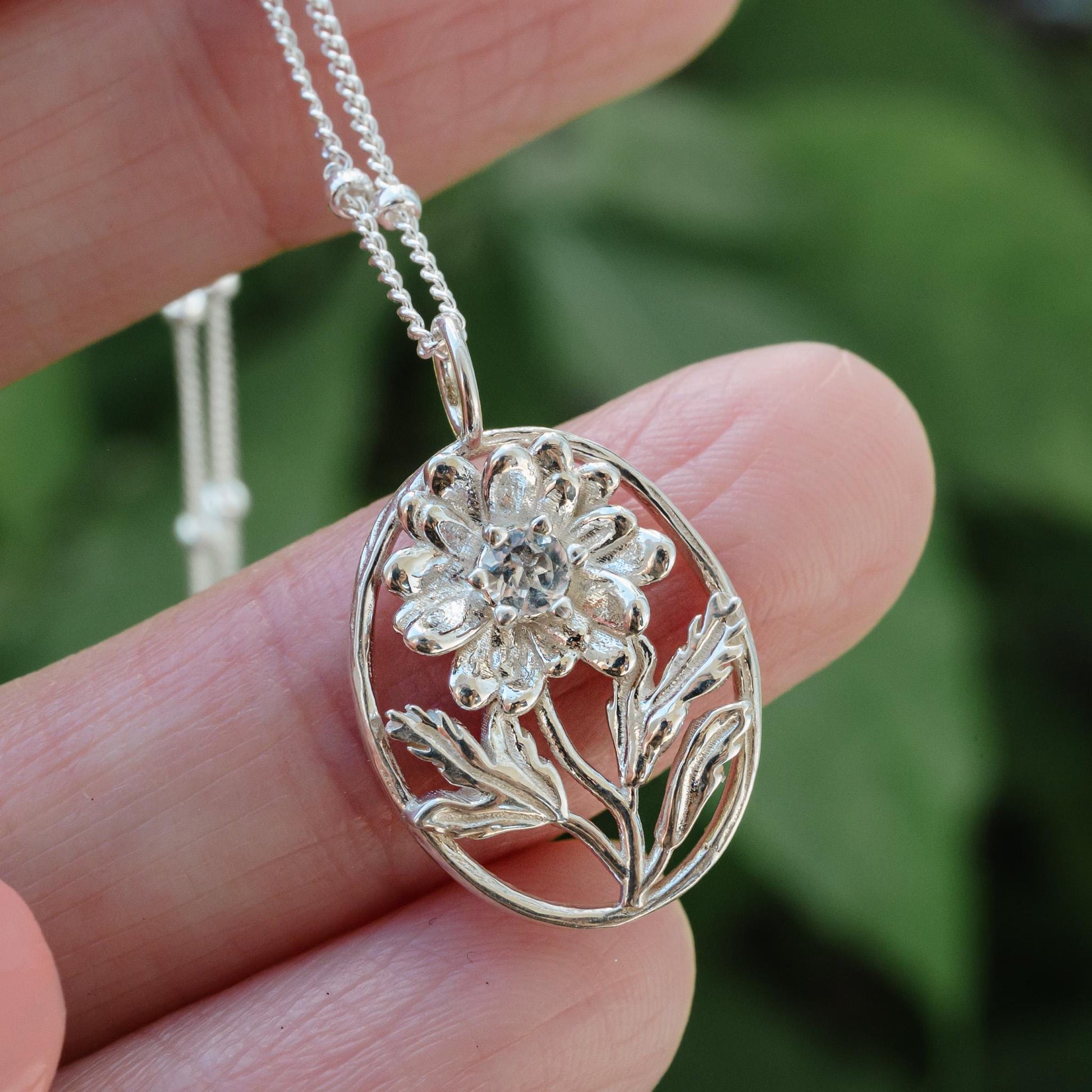 Daisy- Personalized Jewelry - April Birth Month Flower Gift, 14K Gold Plate with a Beaded Gold Filled chain