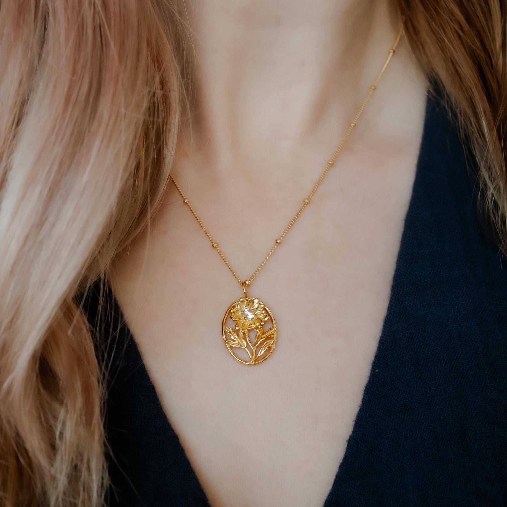 Daisy- Personalized Jewelry - April Birth Month Flower Gift, 14K Gold Plate with a Beaded Gold Filled chain