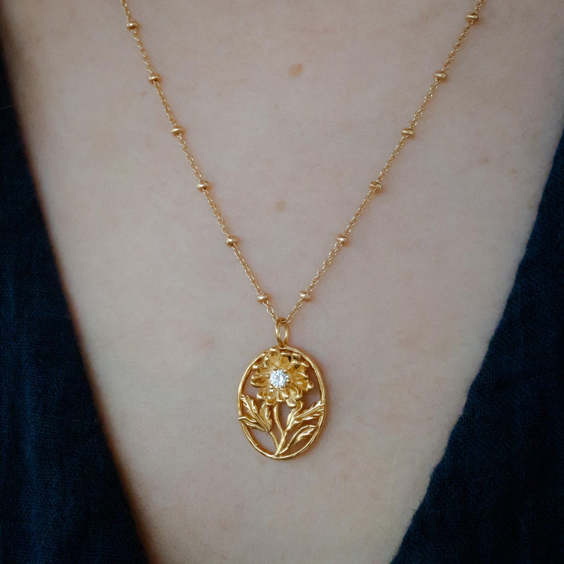 Daisy- Personalized Jewelry - April Birth Month Flower Gift, 14K Gold Plate with a Beaded Gold Filled chain