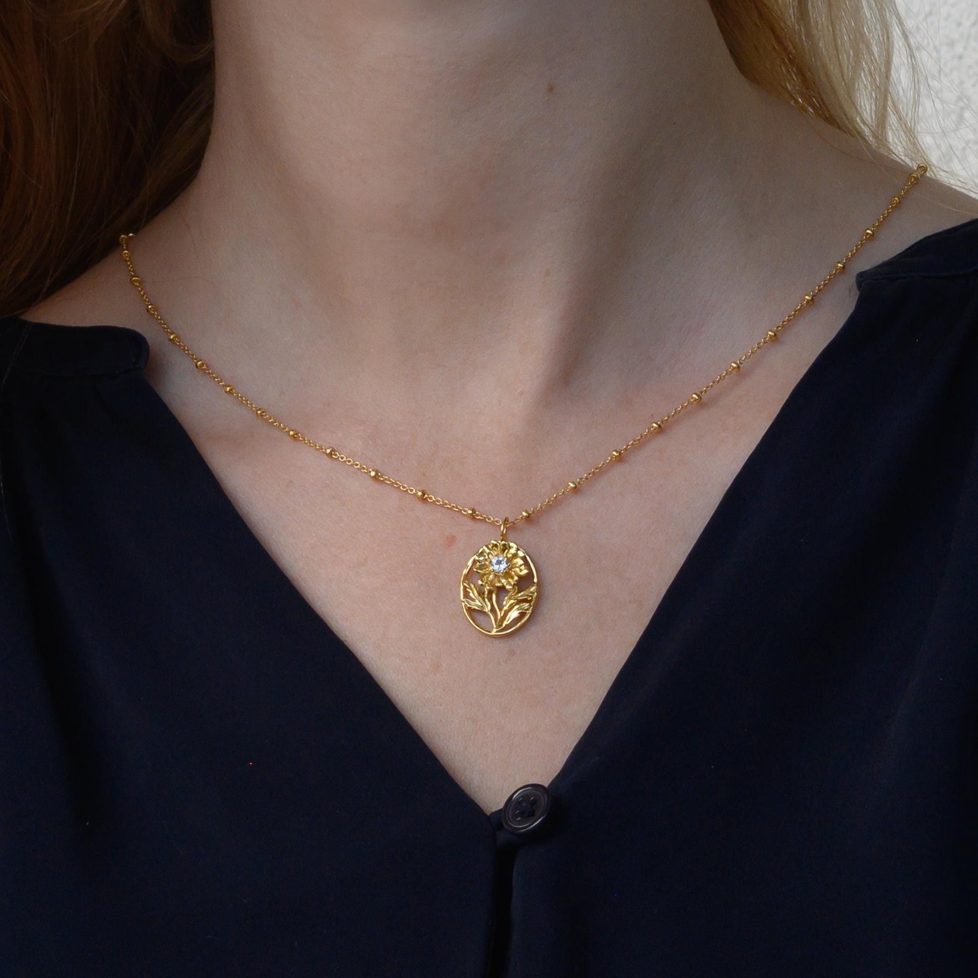 Daisy- Personalized Jewelry - April Birth Month Flower Gift, 14K Gold Plate with a Beaded Gold Filled chain