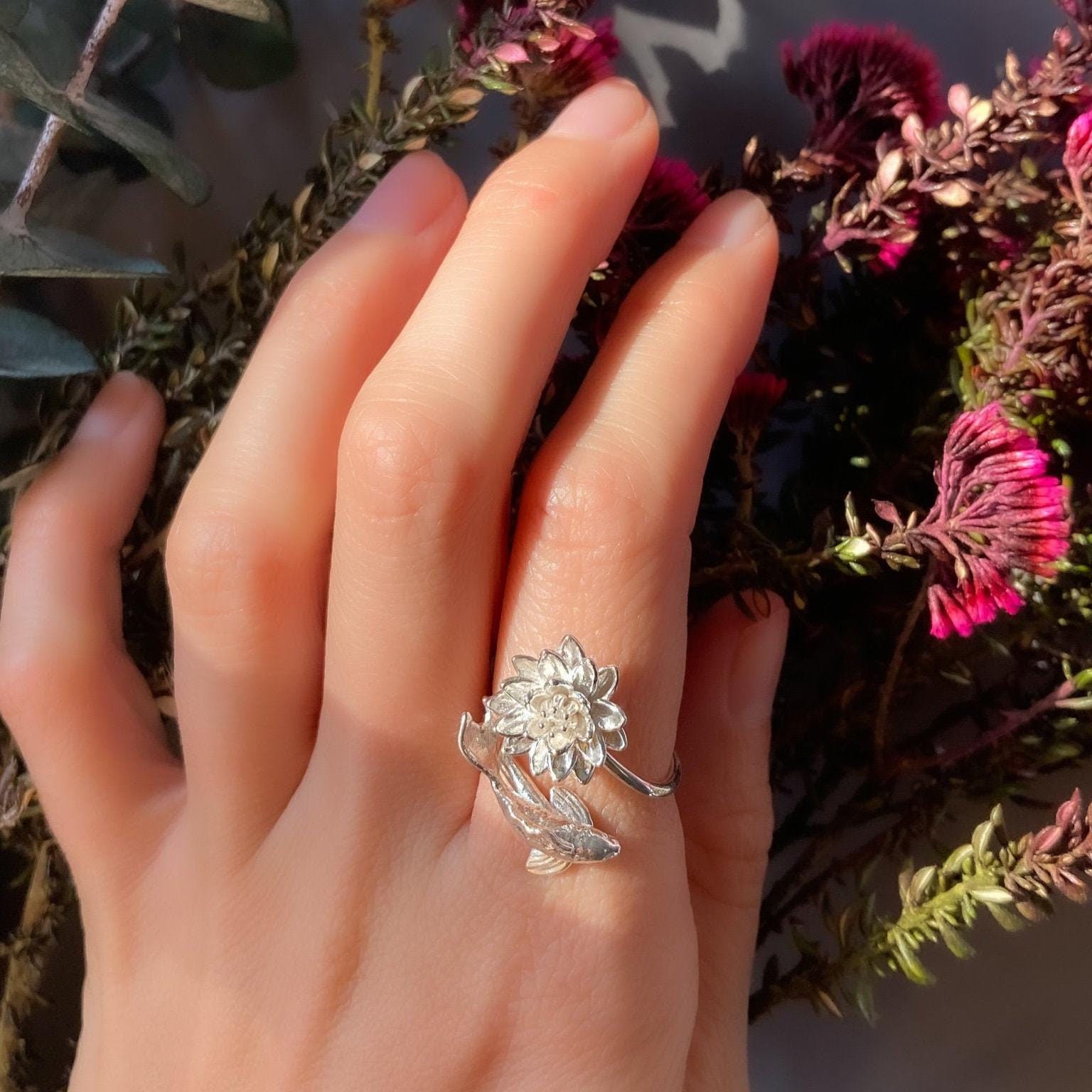 Waterlily Koi Adjustable Ring: Sterling Silver or Gold Plate Lotus Flower