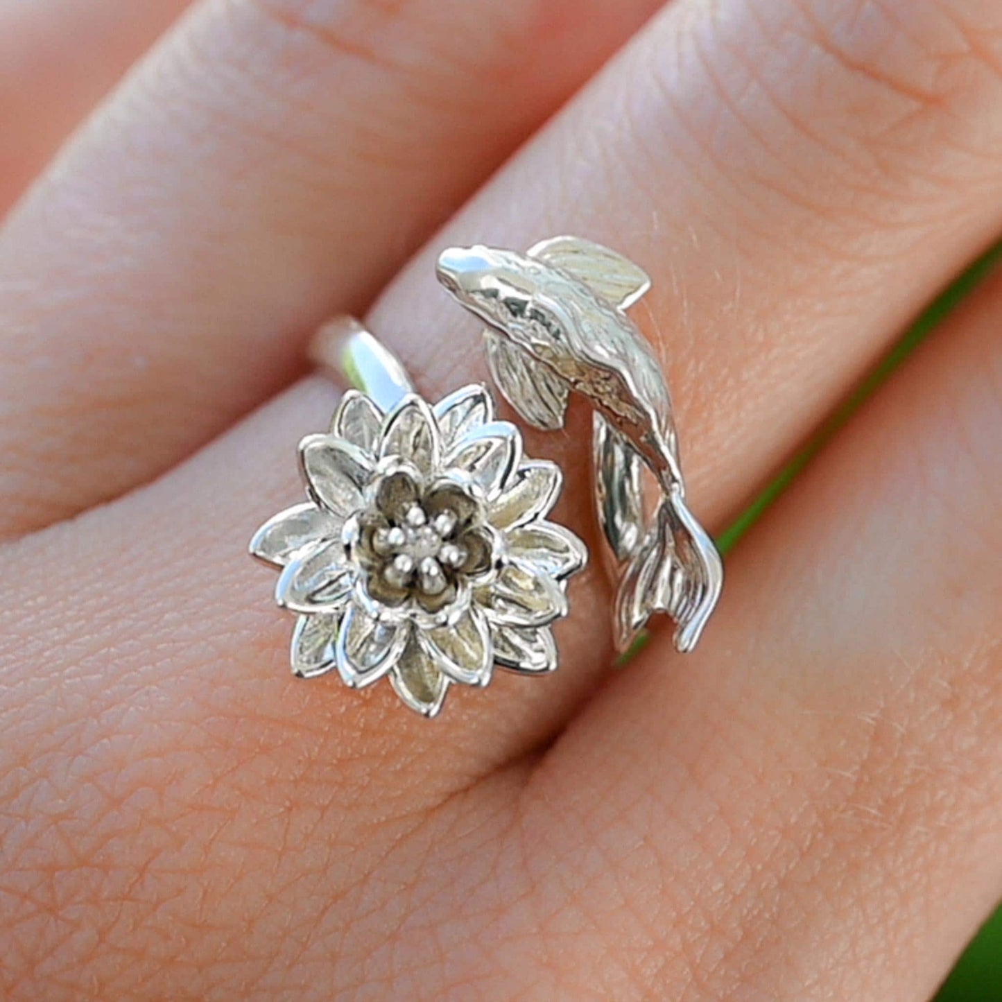 Waterlily Koi Adjustable Ring: Sterling Silver or Gold Plate Lotus Flower