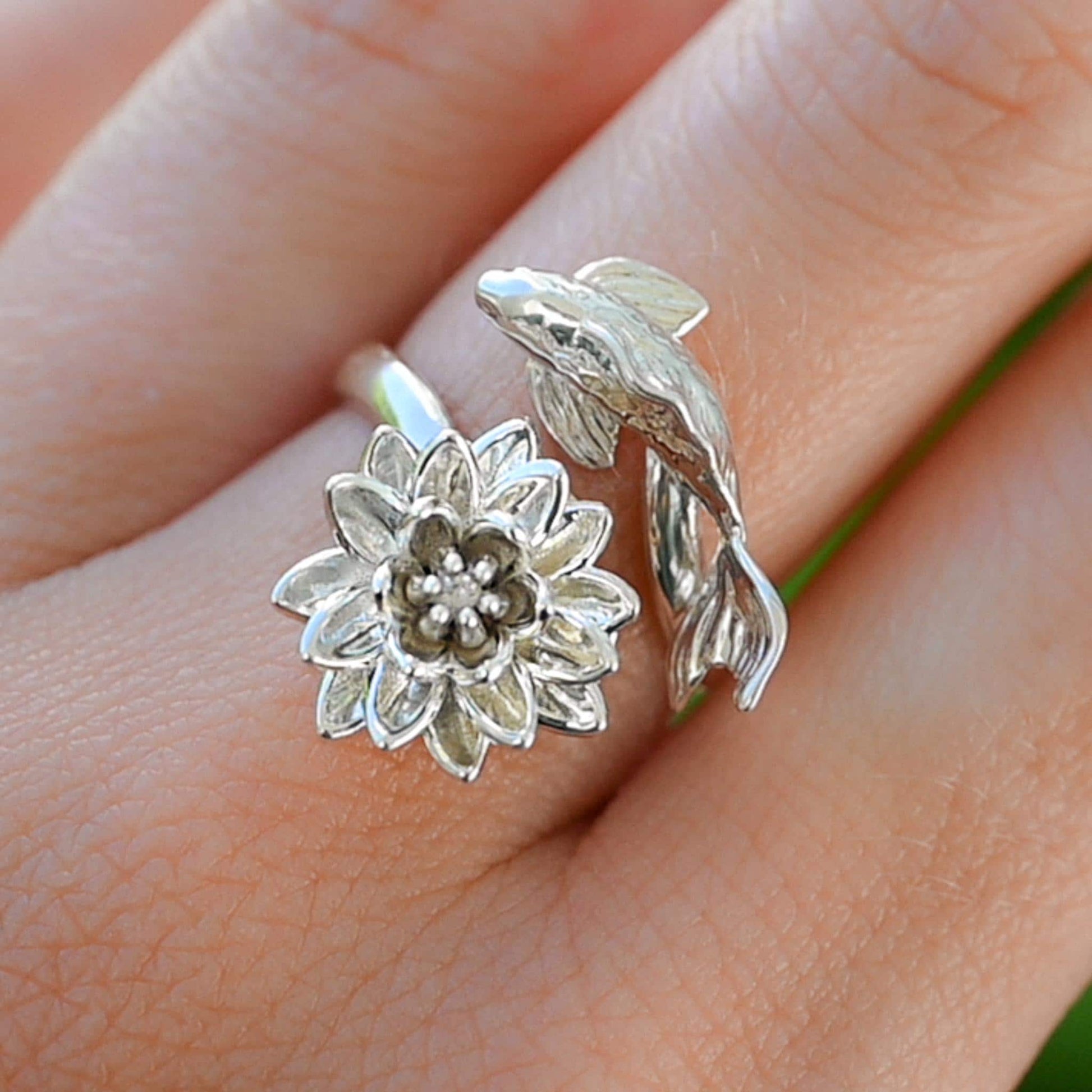 Waterlily Koi Adjustable Ring: Sterling Silver or Gold Plate Lotus Flower