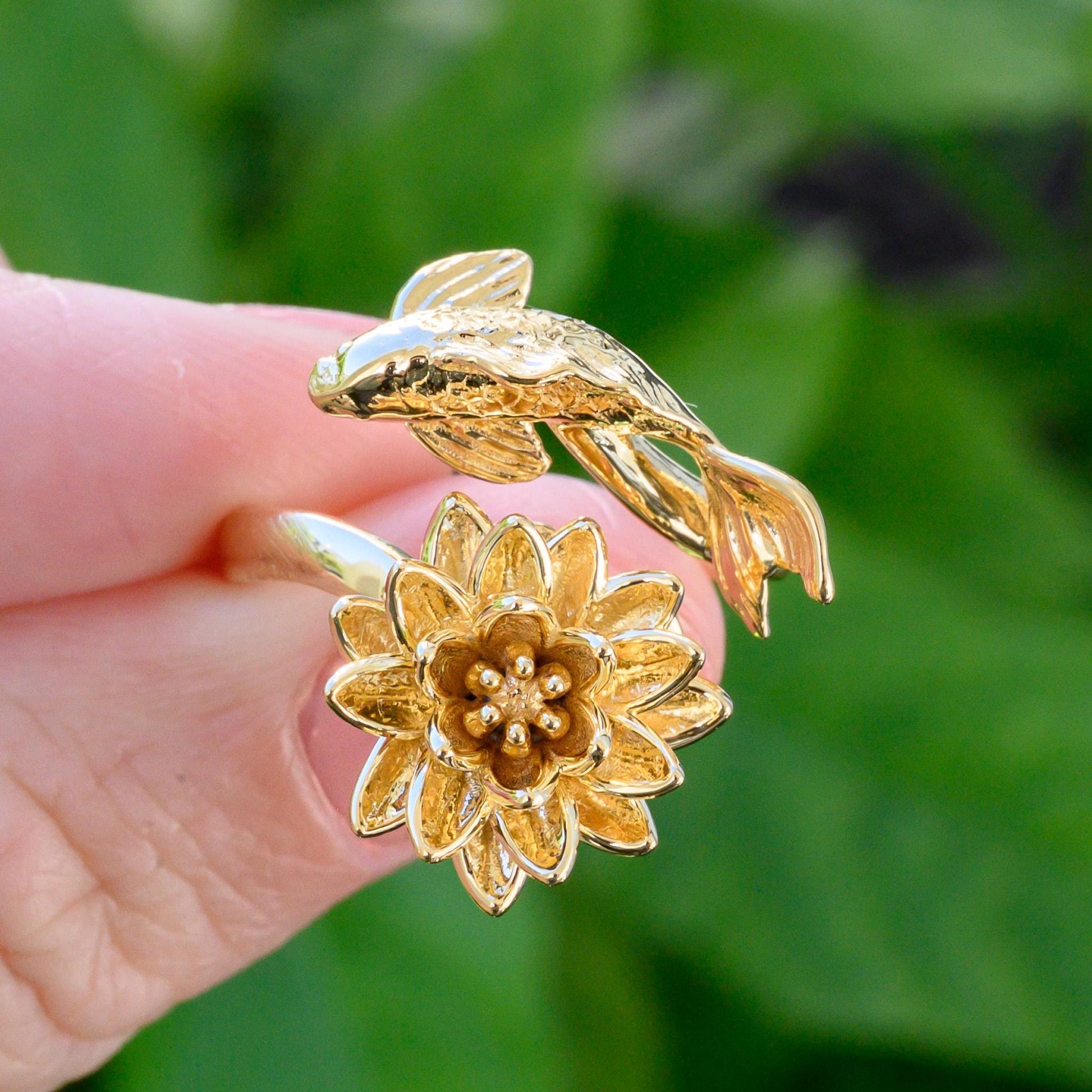 Waterlily Koi Adjustable Ring: Sterling Silver or Gold Plate Lotus Flower