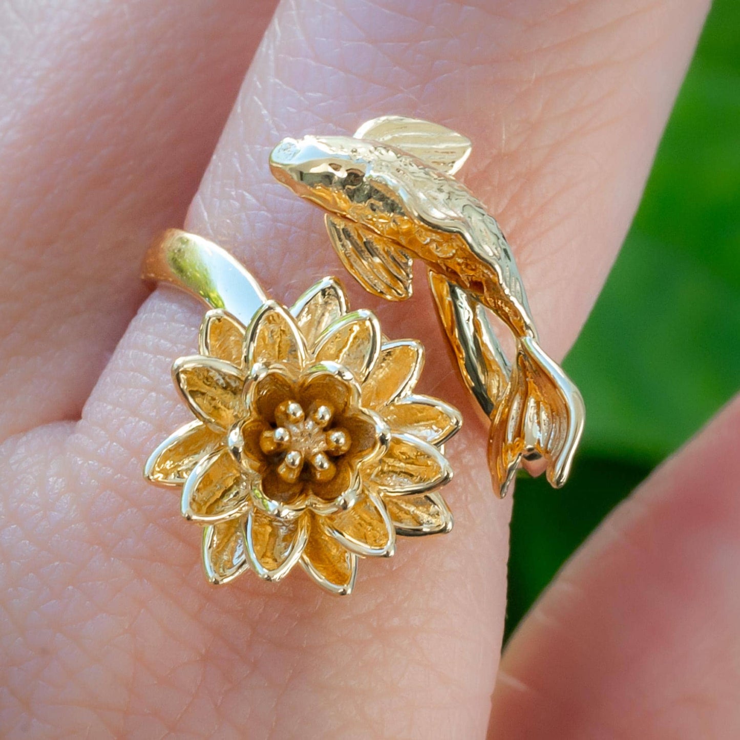 Waterlily Koi Adjustable Ring: Sterling Silver or Gold Plate Lotus Flower