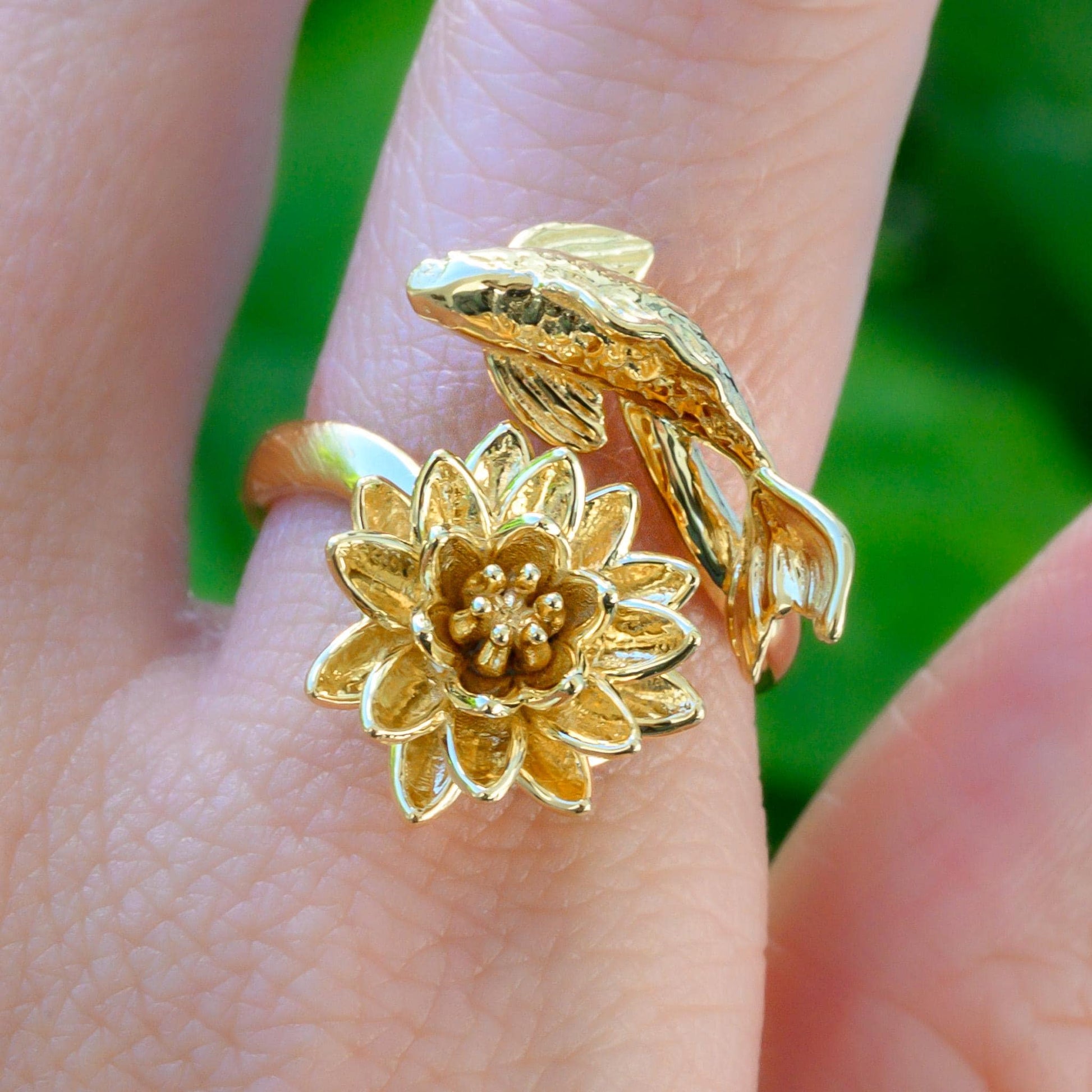 Waterlily Koi Adjustable Ring: Sterling Silver or Gold Plate Lotus Flower