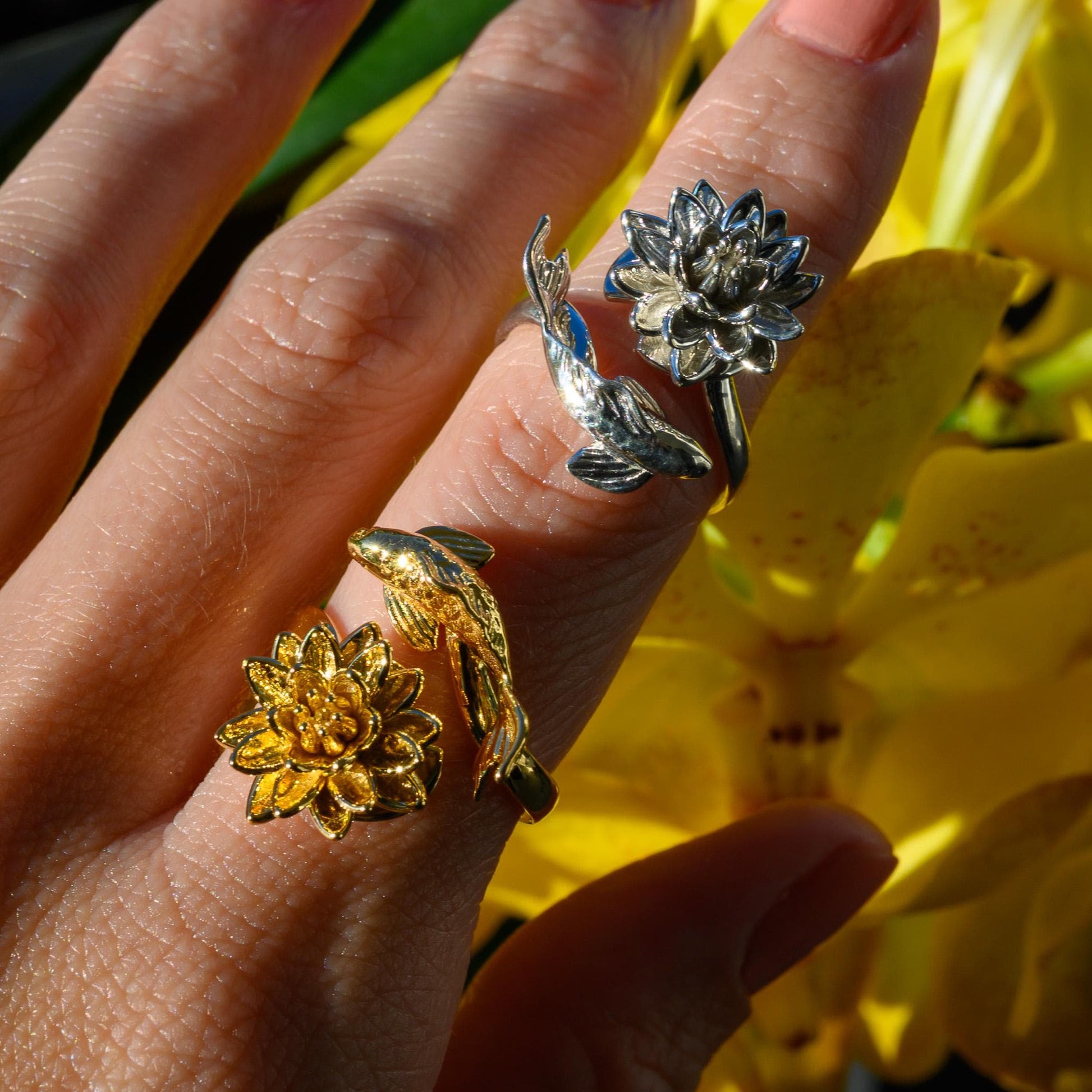 Waterlily Koi Adjustable Ring: Sterling Silver or Gold Plate Lotus Flower