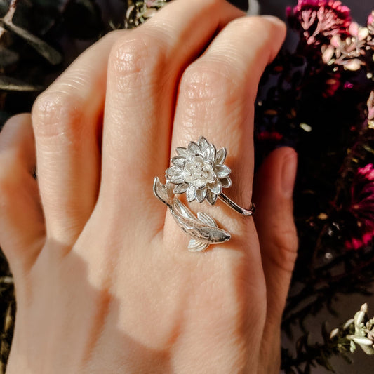 Waterlily Koi Adjustable Ring: Sterling Silver or Gold Plate Lotus Flower