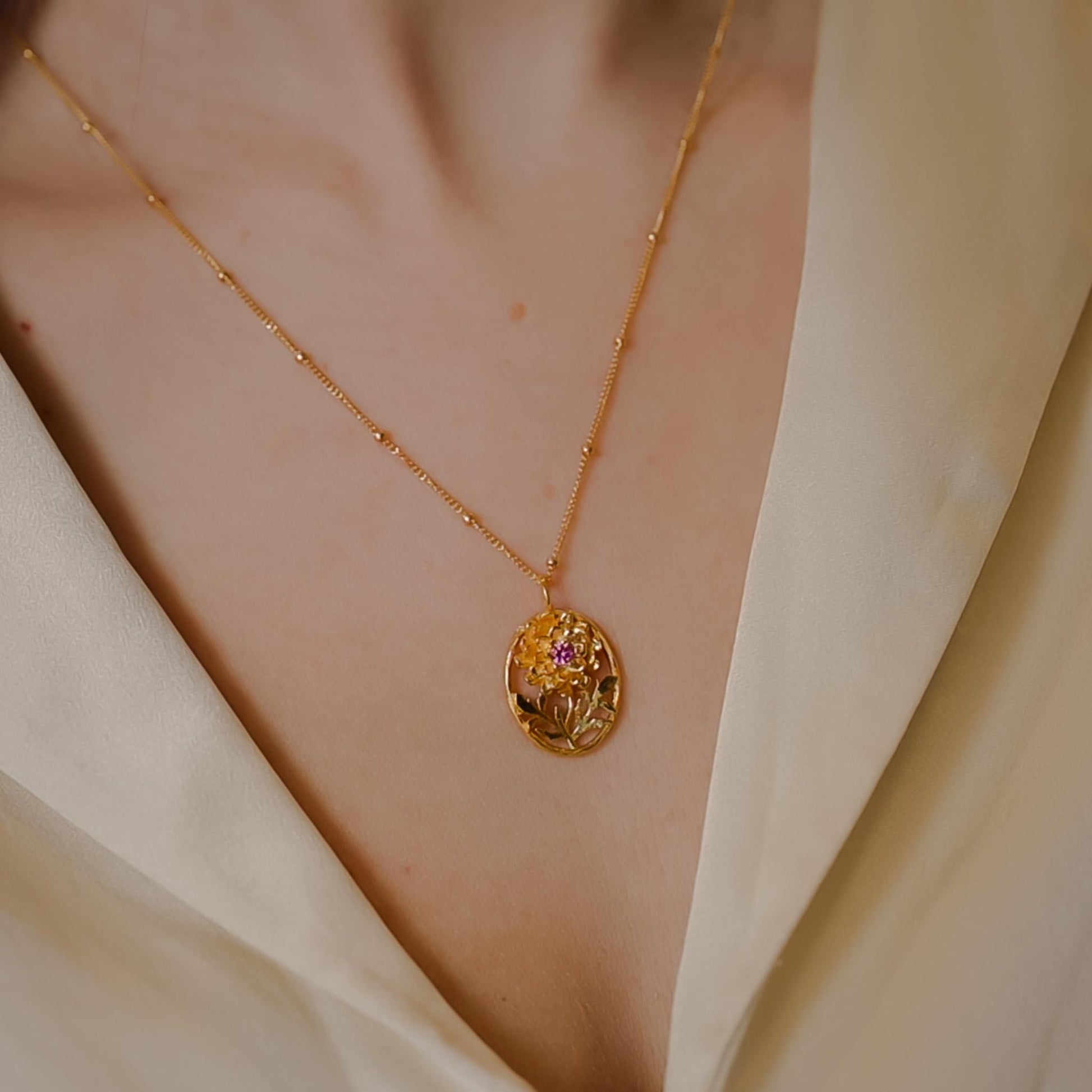 Marigold Flower Necklace - Personalized Jewelry - October Birth Month Flower Gift, 14K Gold Plate with a Beaded Gold Filled chain