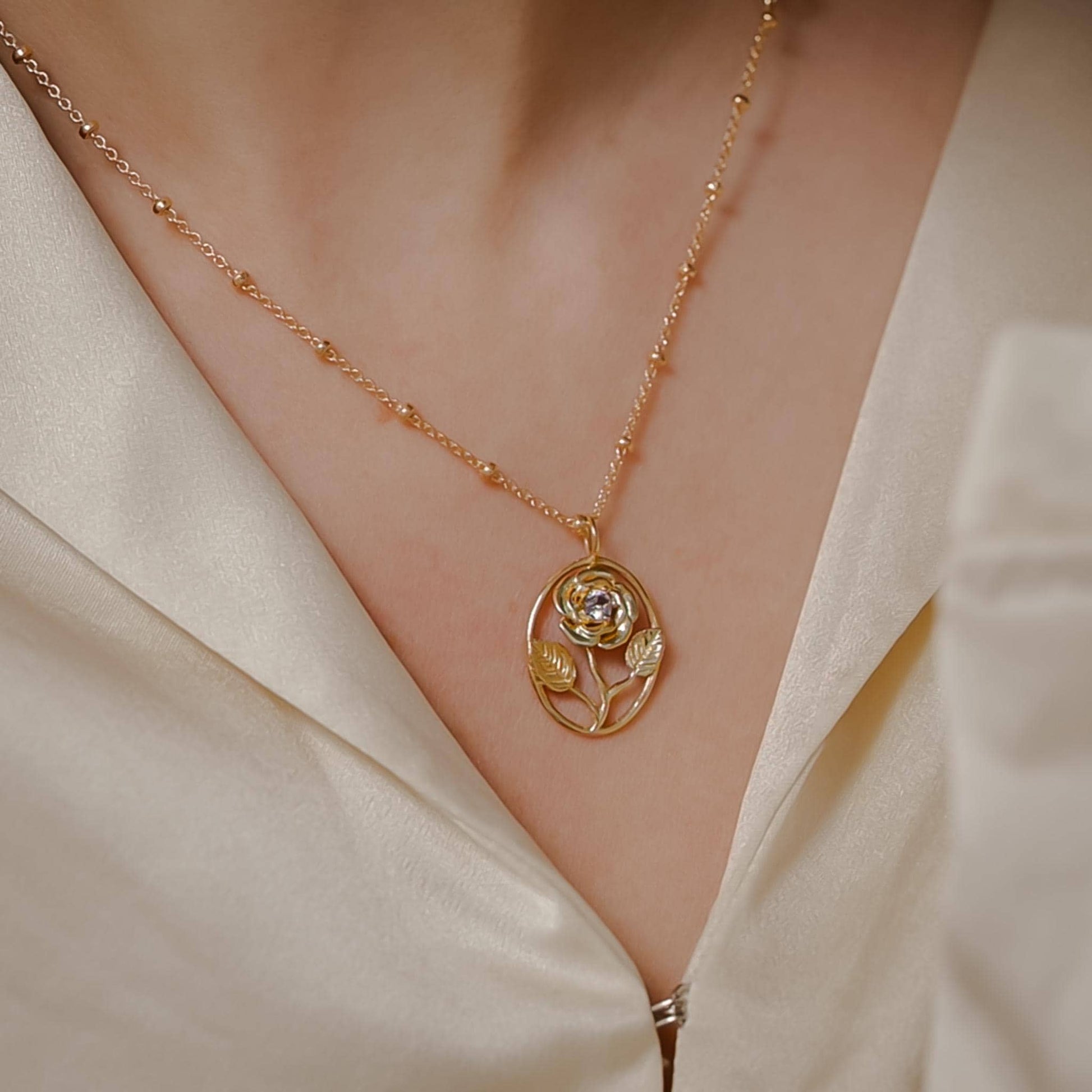 Rose Flower Necklace - Personalized Jewelry - June Birth Month Flower Gift, 14K Gold Plate with a Beaded Gold Filled chain