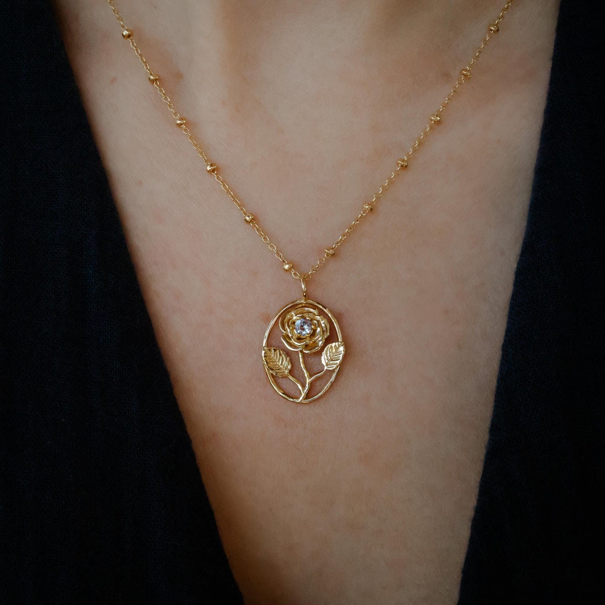 Rose Flower Necklace - Personalized Jewelry - June Birth Month Flower Gift, 14K Gold Plate with a Beaded Gold Filled chain