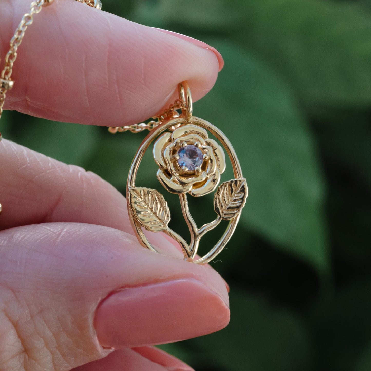 Rose Flower Necklace - Personalized Jewelry - June Birth Month Flower Gift, 14K Gold Plate with a Beaded Gold Filled chain