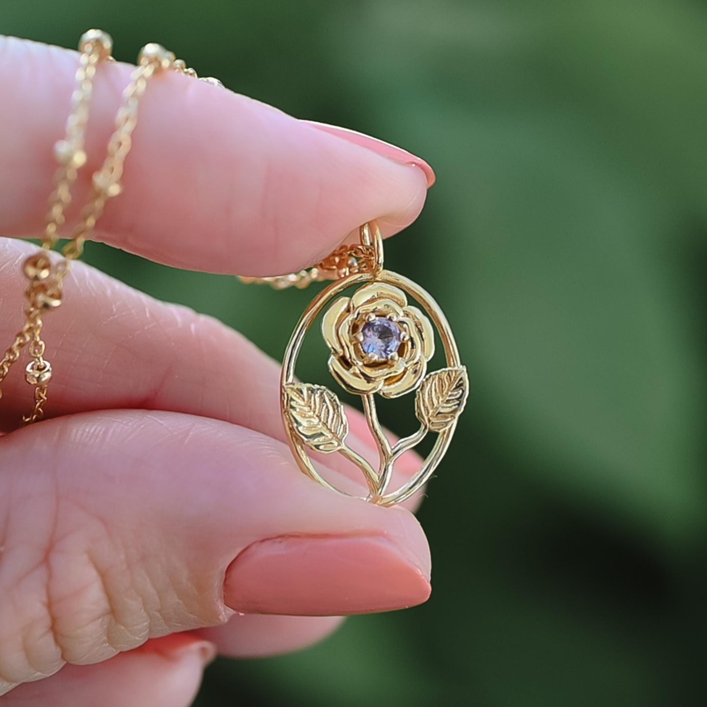 Rose Flower Necklace - Personalized Jewelry - June Birth Month Flower Gift, 14K Gold Plate with a Beaded Gold Filled chain