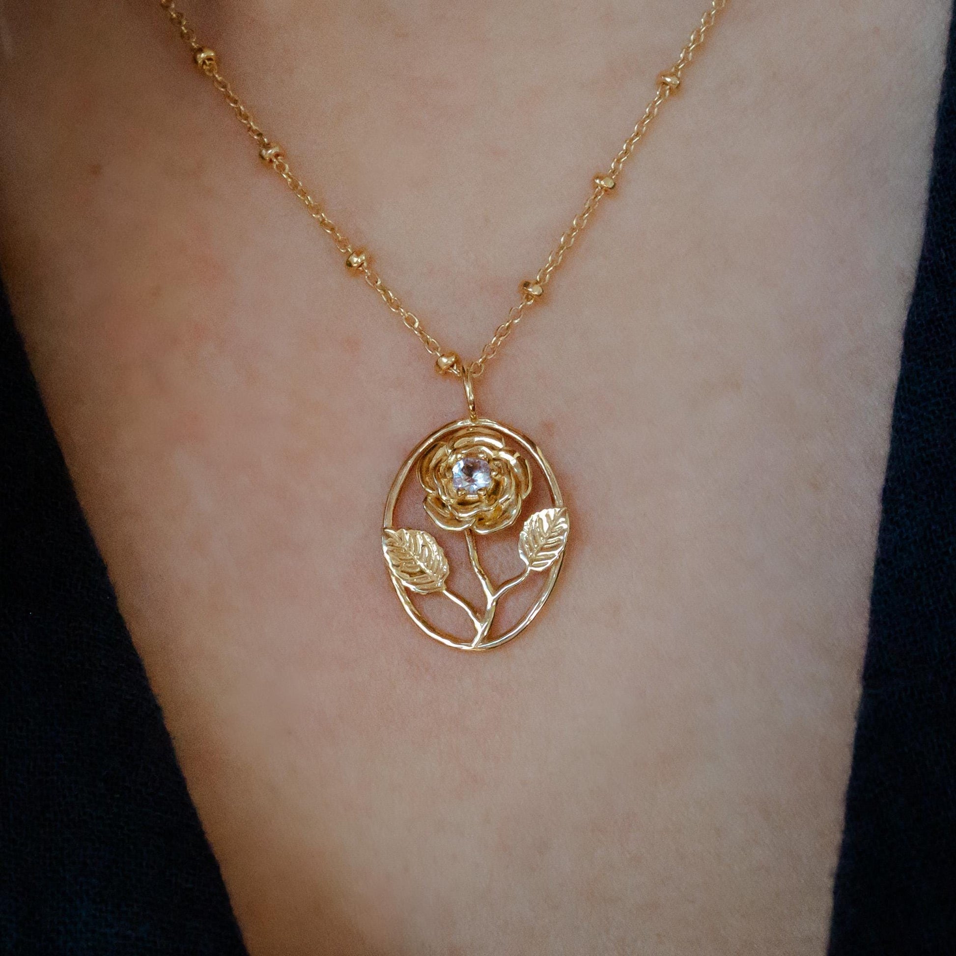 Rose Flower Necklace - Personalized Jewelry - June Birth Month Flower Gift, 14K Gold Plate with a Beaded Gold Filled chain