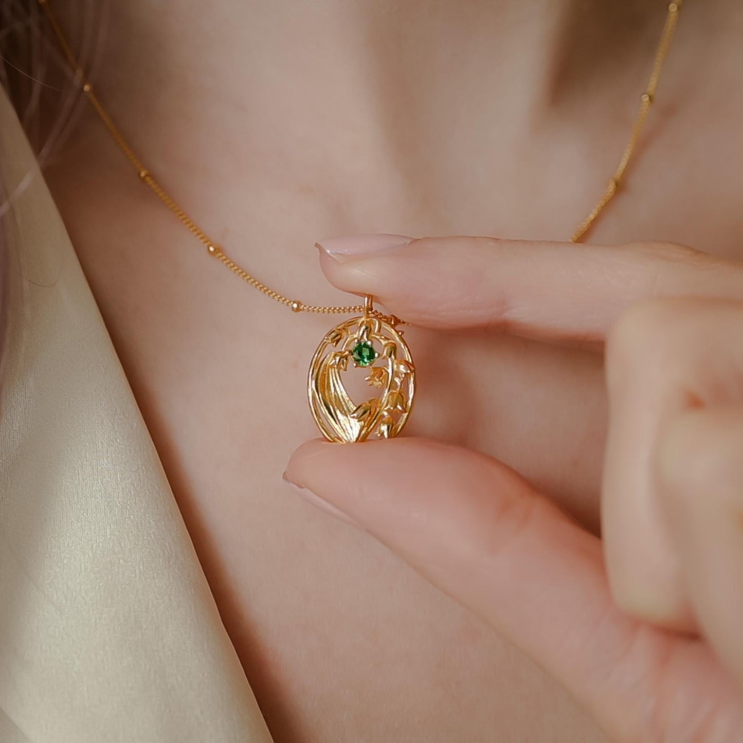 Lily of the Valley Flower Necklace - Personalized Jewelry - May Birth Month Flower Gift, 14K Gold Plate with a Beaded Gold Filled chain