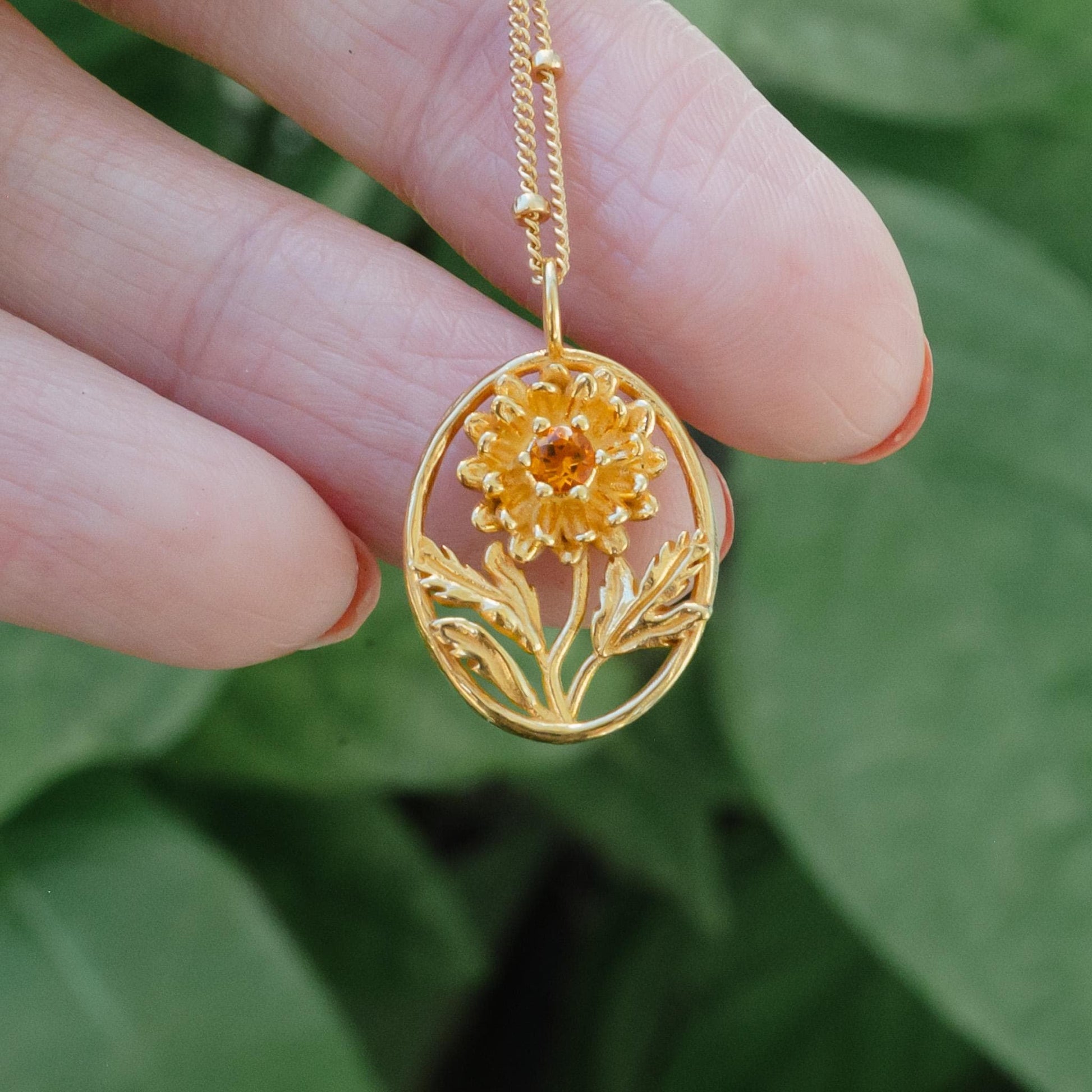 Chrysanthemum Flower Necklace - Personalized Jewelry - November Birth Month Flower Gift, 14K Gold Plate with a Beaded Gold Filled chain