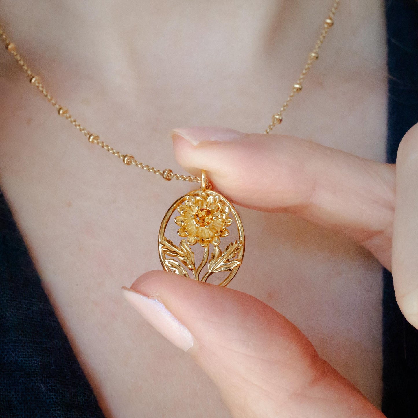 Chrysanthemum Flower Necklace - Personalized Jewelry - November Birth Month Flower Gift, 14K Gold Plate with a Beaded Gold Filled chain