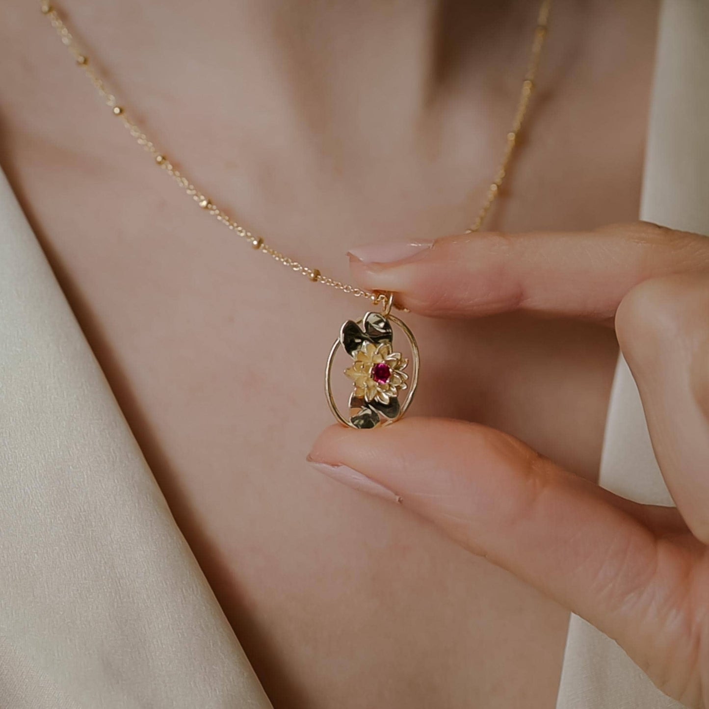 Water Lily - Personalized Jewelry - July Birth Month Flower Gift, 14K Gold Plate with a Beaded Gold Filled chain