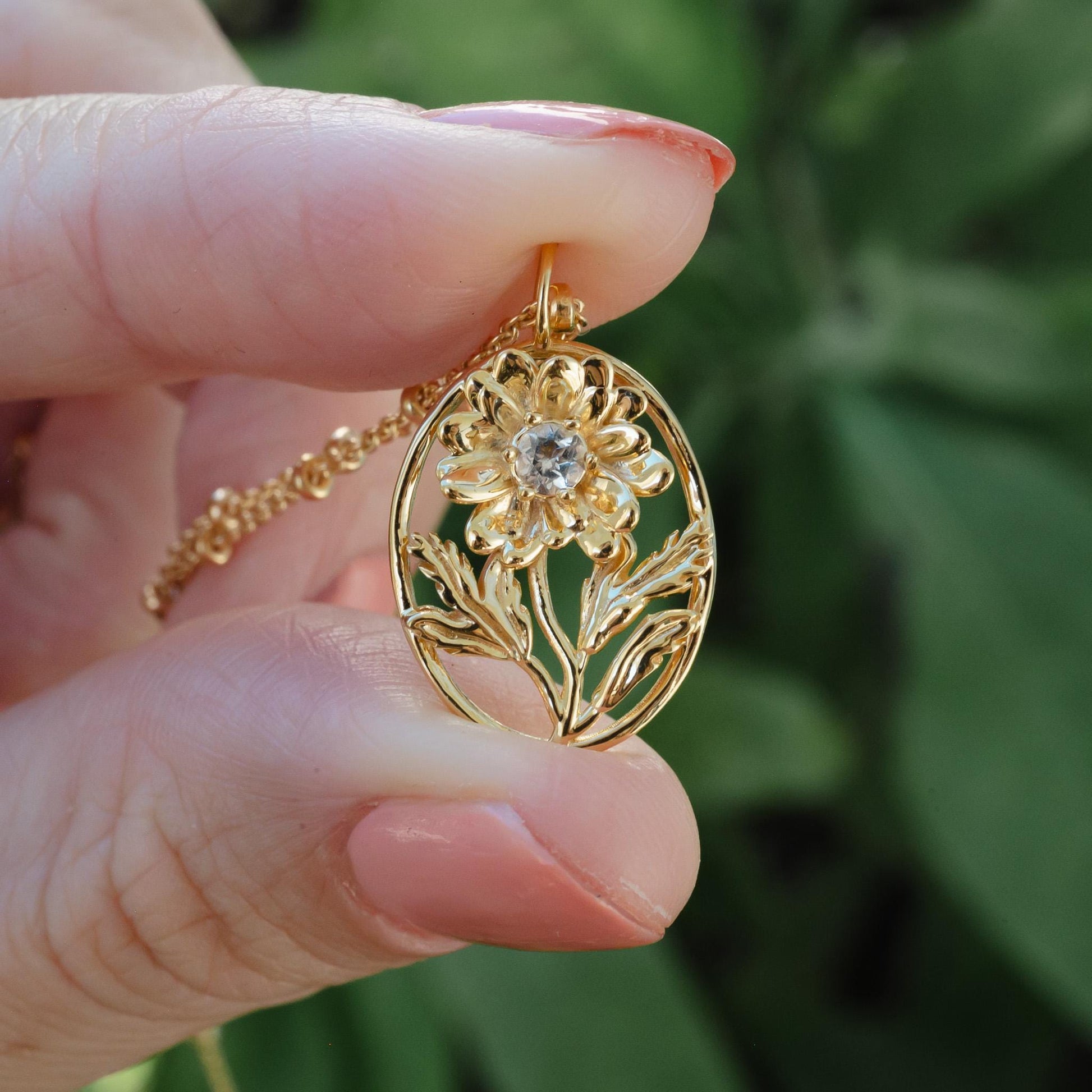Daisy- Personalized Jewelry - April Birth Month Flower Gift, 14K Gold Plate with a Beaded Gold Filled chain