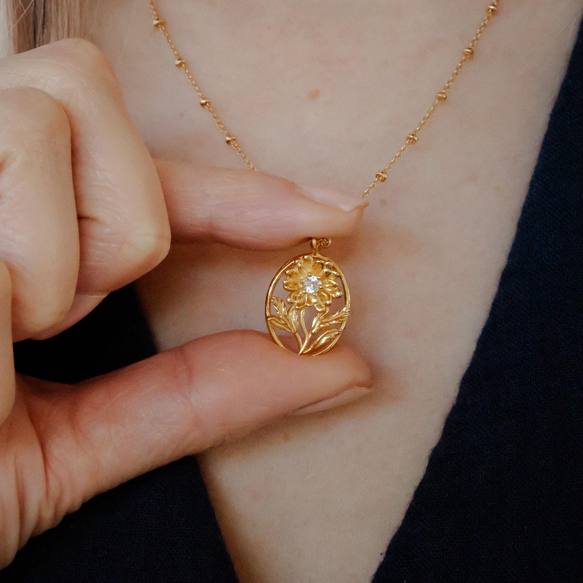 Daisy- Personalized Jewelry - April Birth Month Flower Gift, 14K Gold Plate with a Beaded Gold Filled chain
