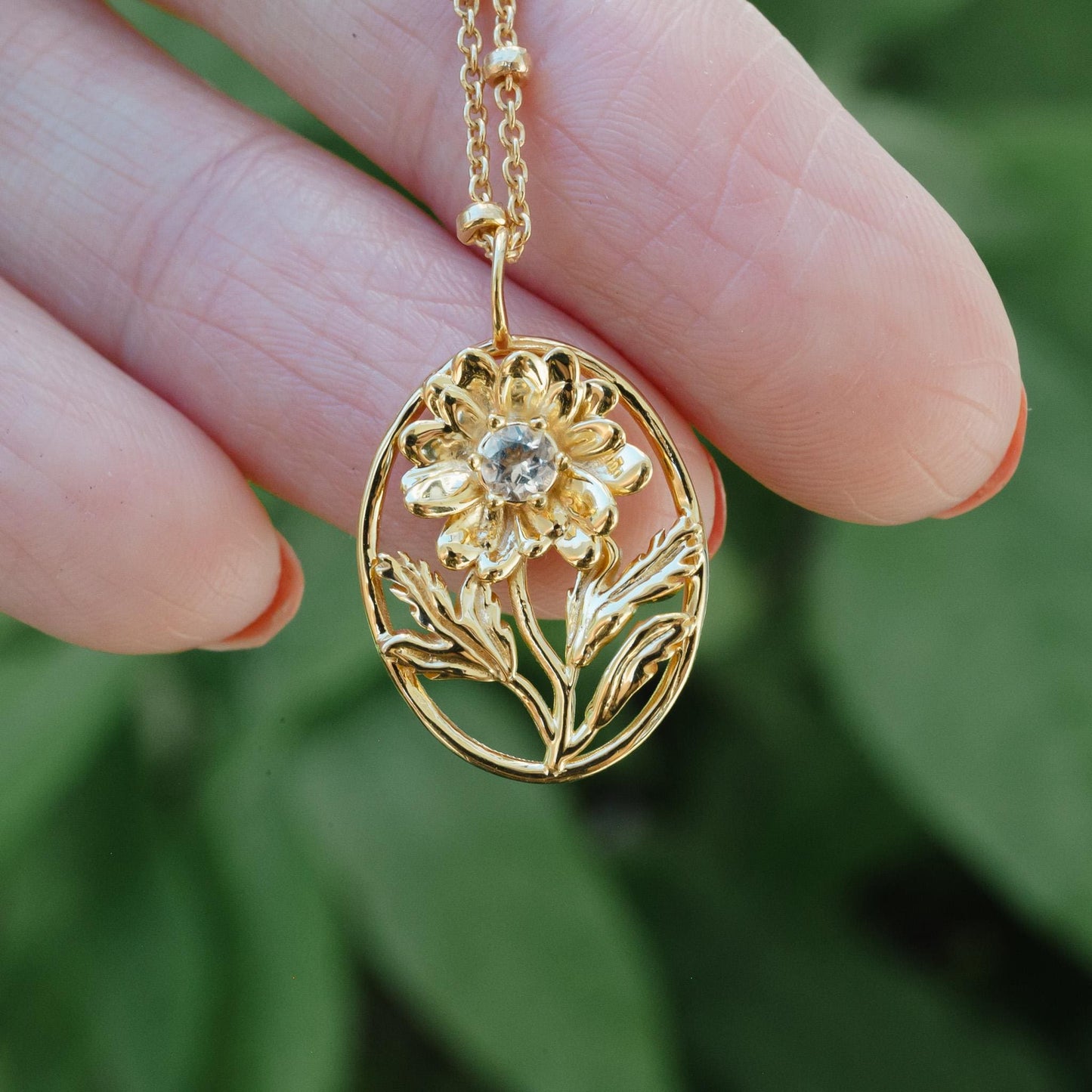 Daisy- Personalized Jewelry - April Birth Month Flower Gift, 14K Gold Plate with a Beaded Gold Filled chain