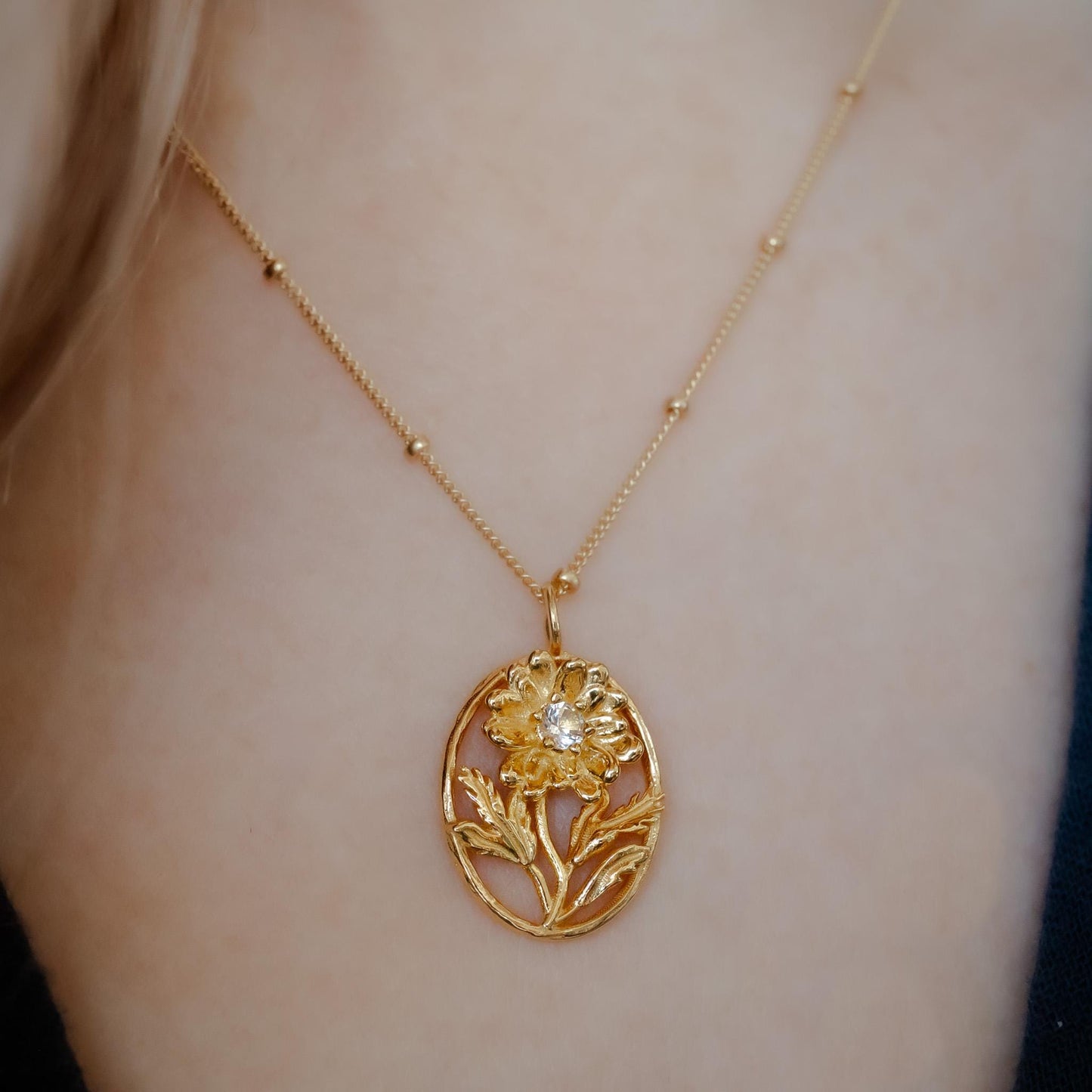 Daisy- Personalized Jewelry - April Birth Month Flower Gift, 14K Gold Plate with a Beaded Gold Filled chain