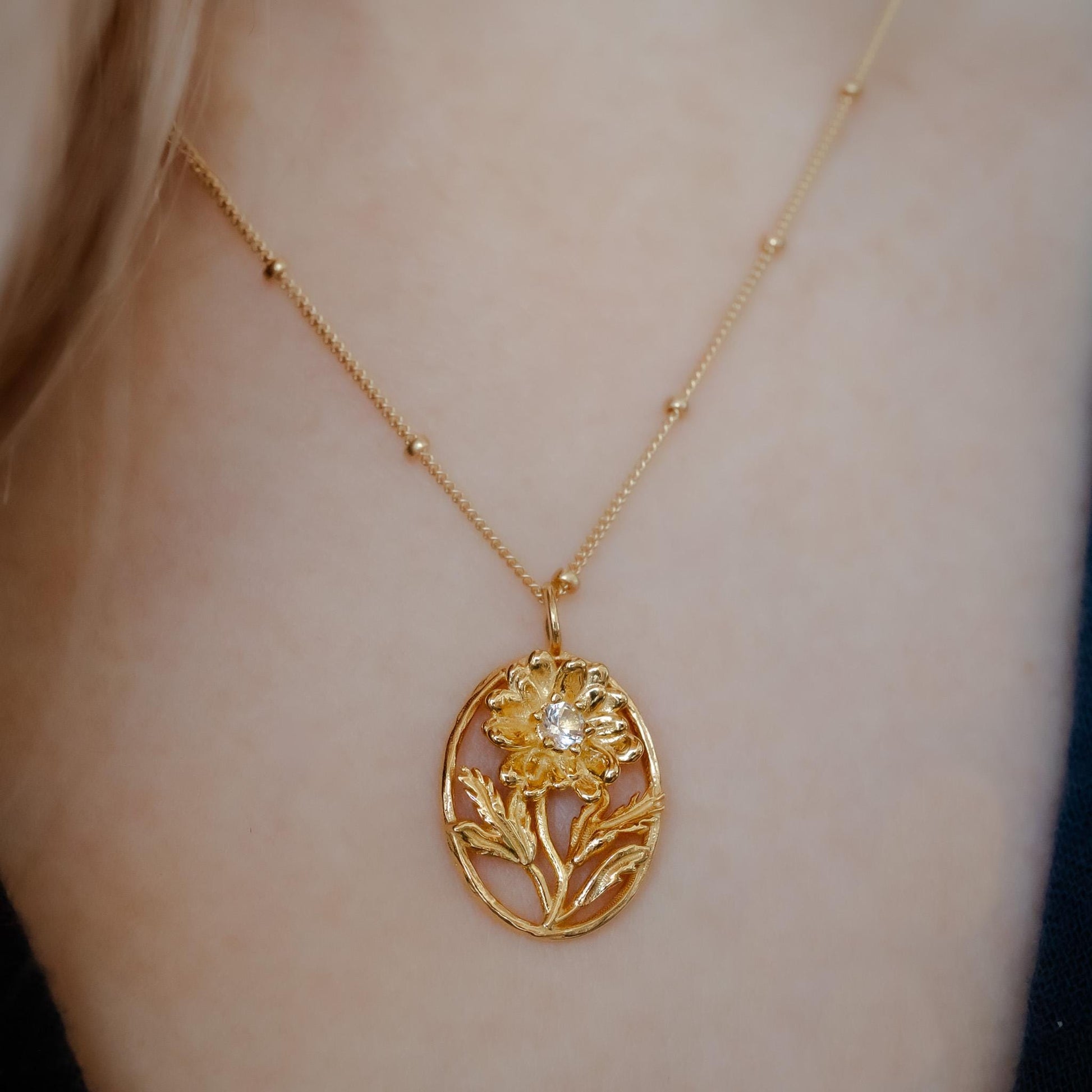Daisy- Personalized Jewelry - April Birth Month Flower Gift, 14K Gold Plate with a Beaded Gold Filled chain