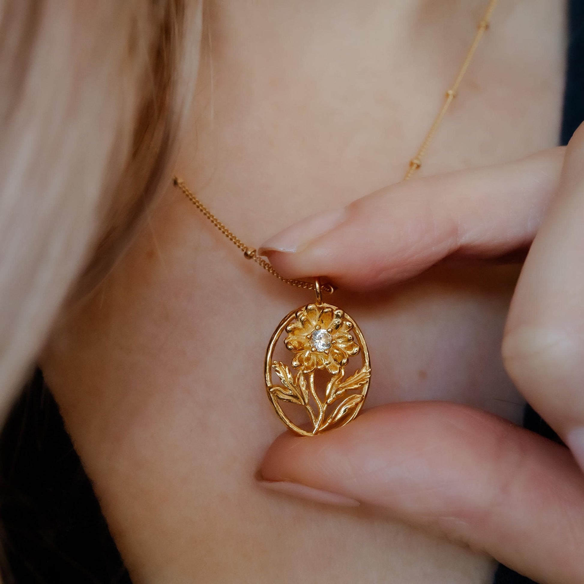 Daisy- Personalized Jewelry - April Birth Month Flower Gift, 14K Gold Plate with a Beaded Gold Filled chain