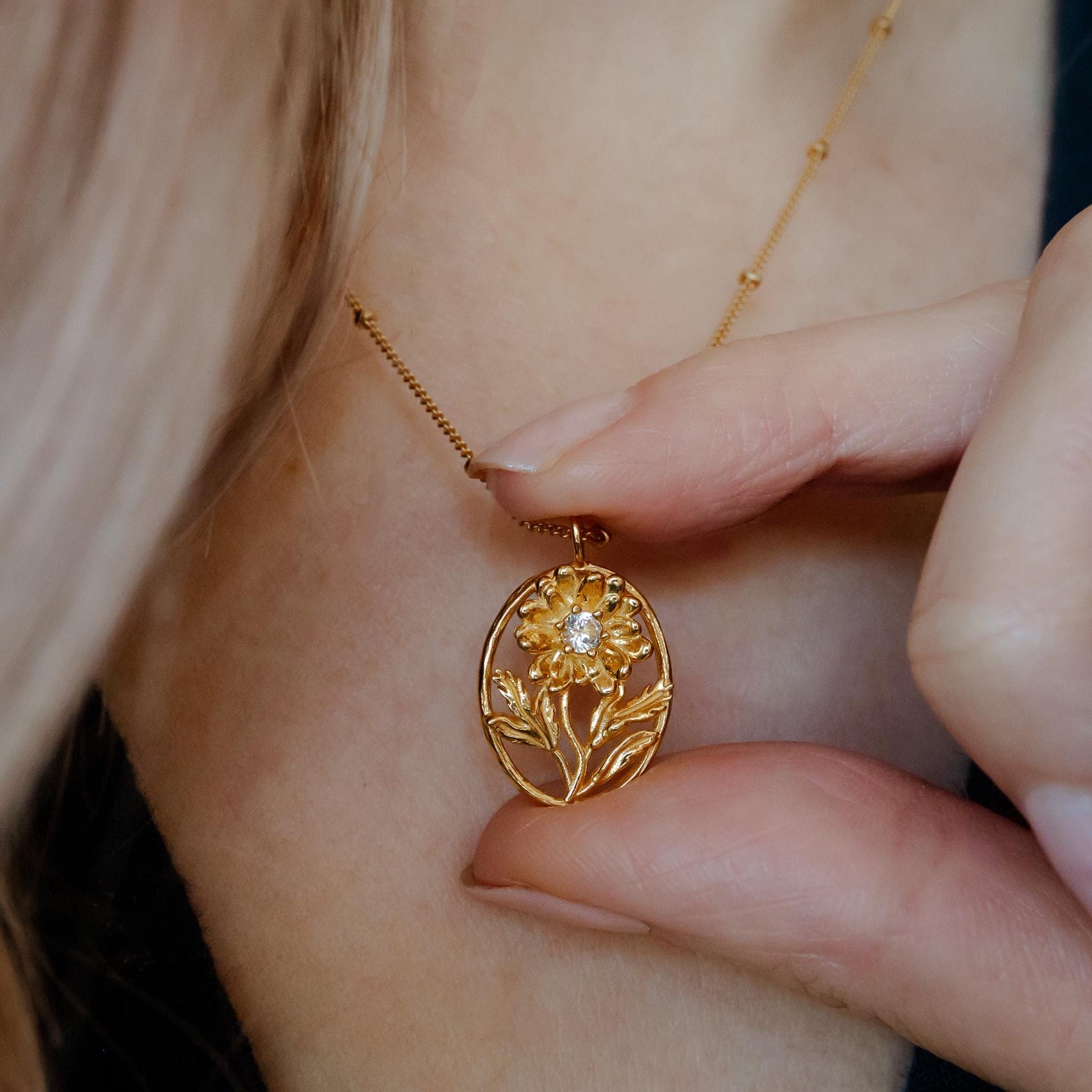 Daisy- Personalized Jewelry - April Birth Month Flower Gift, 14K Gold Plate with a Beaded Gold Filled chain