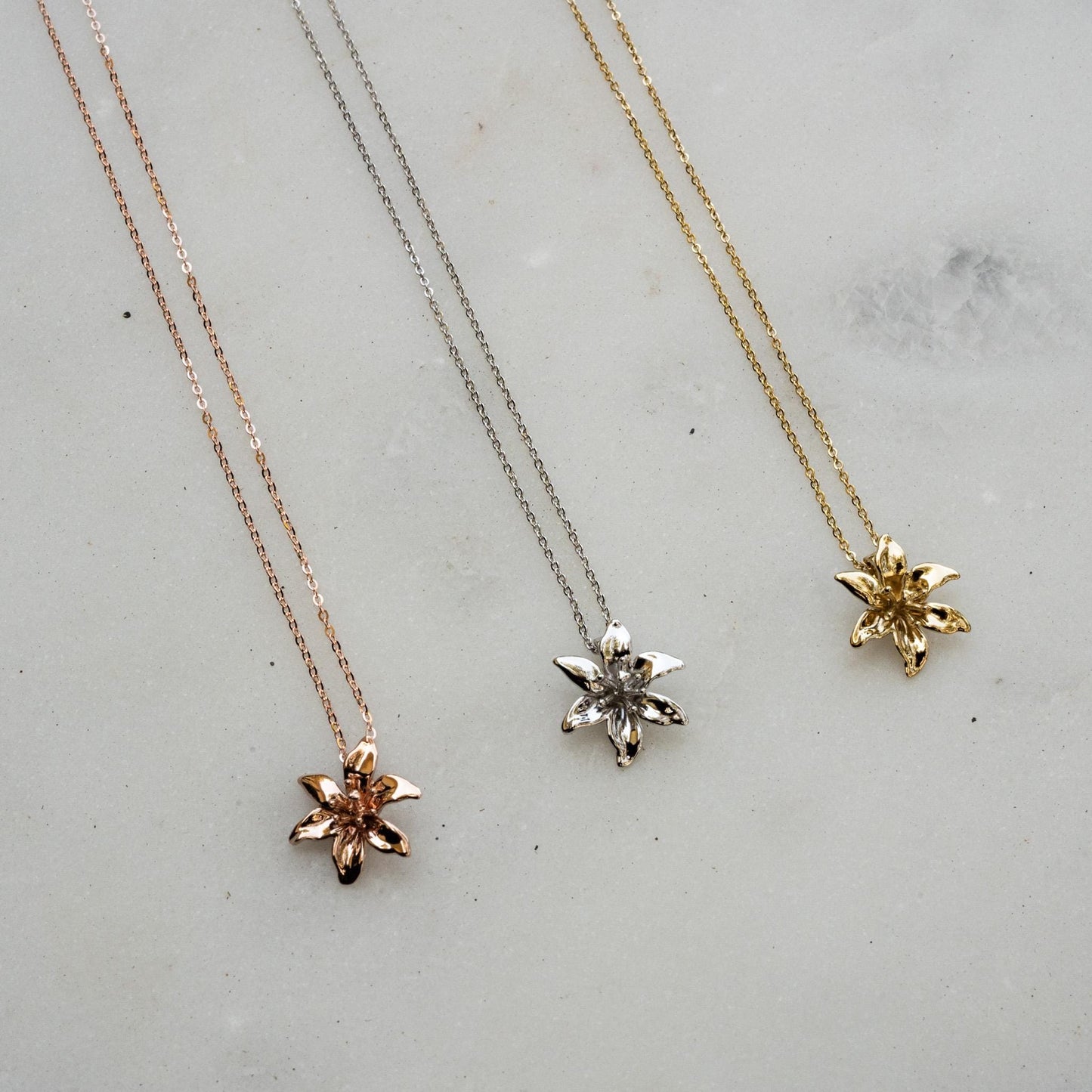 Lily Pendant Necklace: 3D Printed Floral Jewelry, Gold Plate, Silver, Vermeil