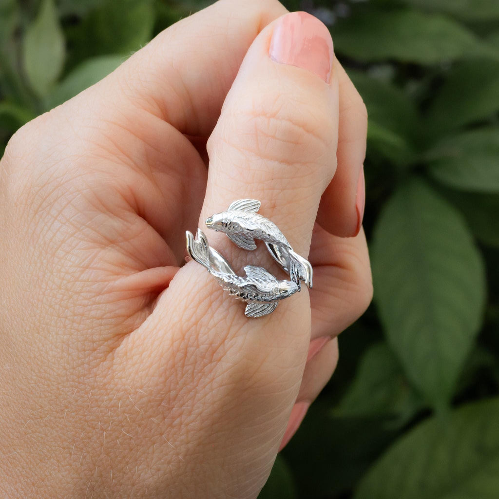 Koi Fish Ring: 3D Printed Sterling Silver Adjustable Band
