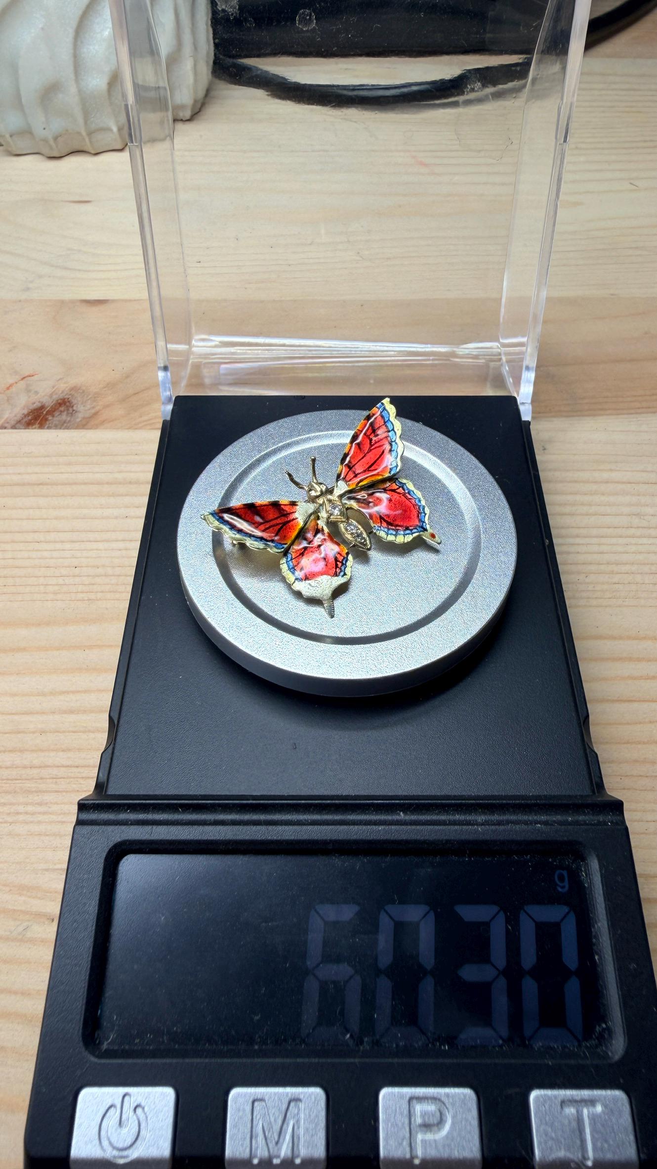 14k Vintage Gold Diamond & Enamel Butterfly Brooch