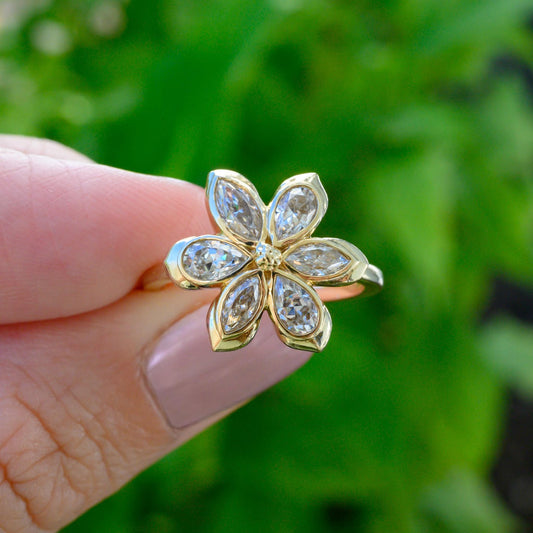 Diamond Daisy Flower Engagement Ring, 6 marquises and pear-shaped petals with solid gold or silver