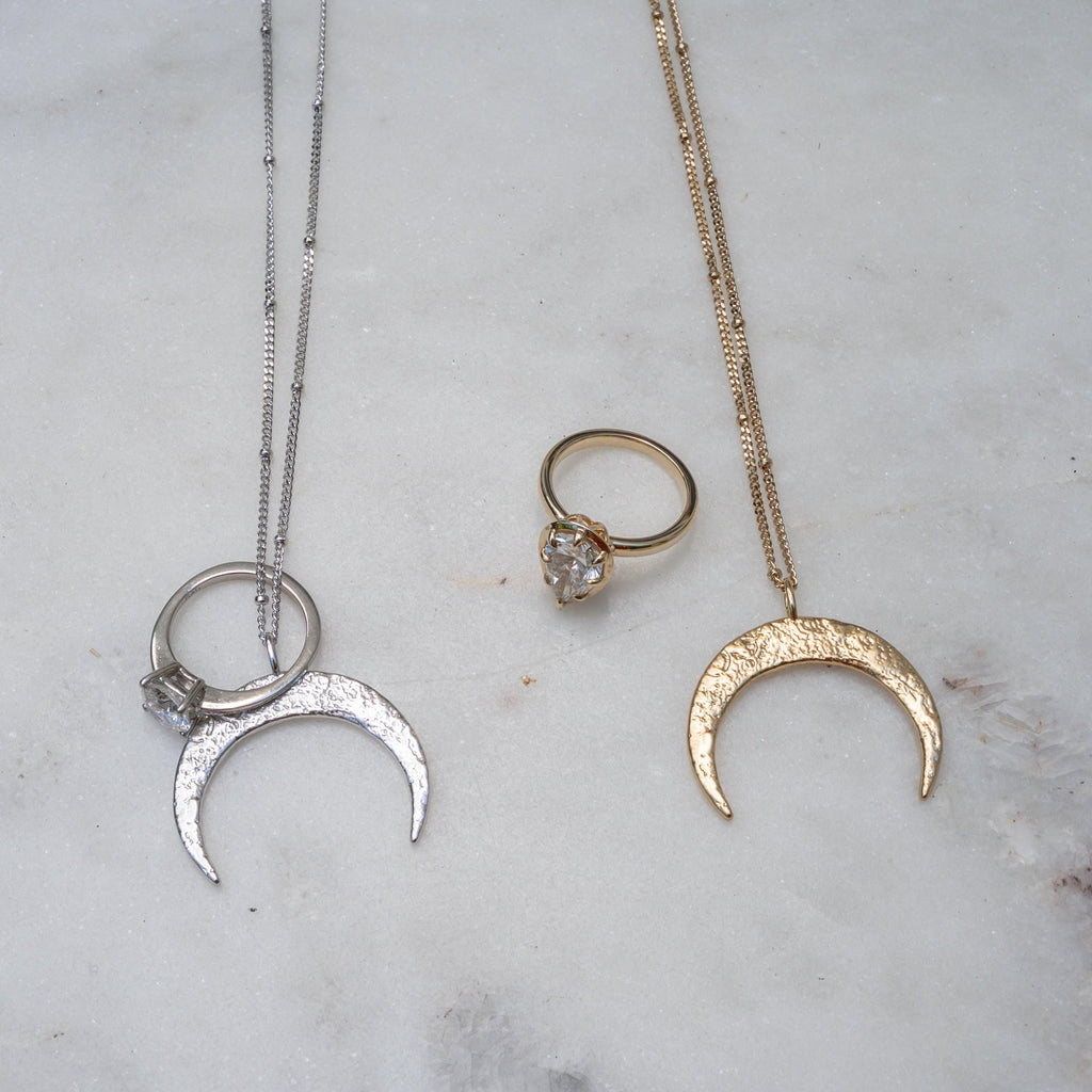 Crescent Moon Ring Holder Necklace: Sterling Silver or Vermeil