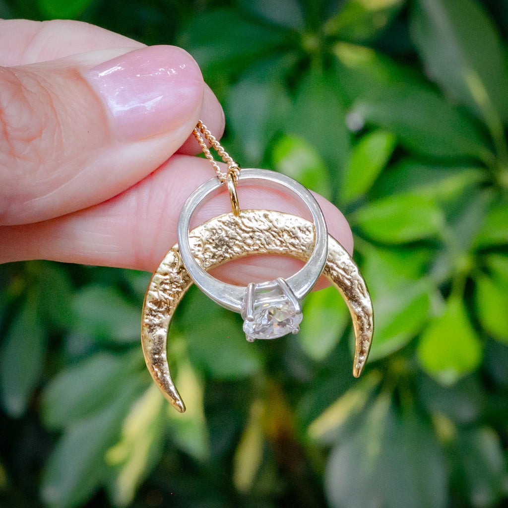 Crescent Moon Ring Holder Necklace: Sterling Silver or Vermeil