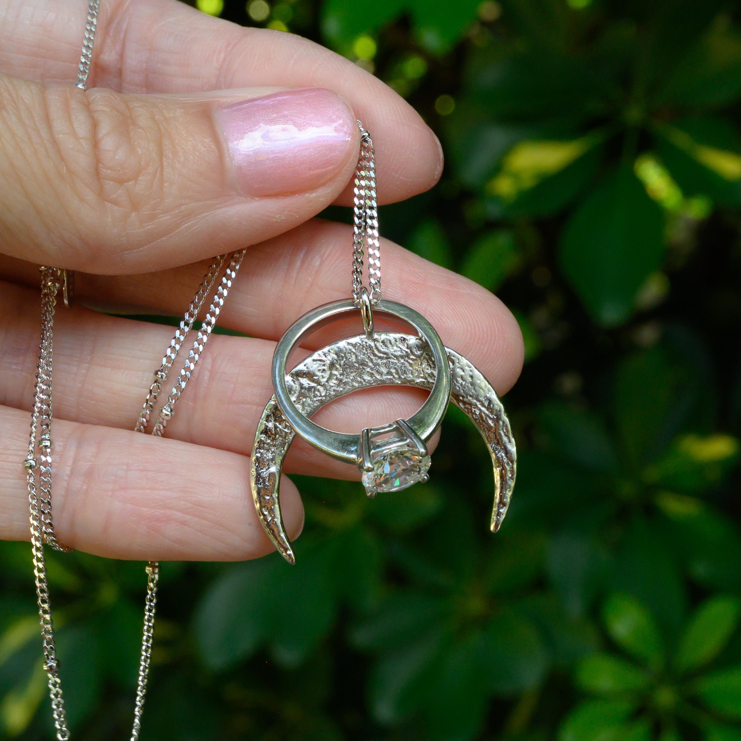 Crescent Moon Ring Holder Necklace: Sterling Silver or Vermeil