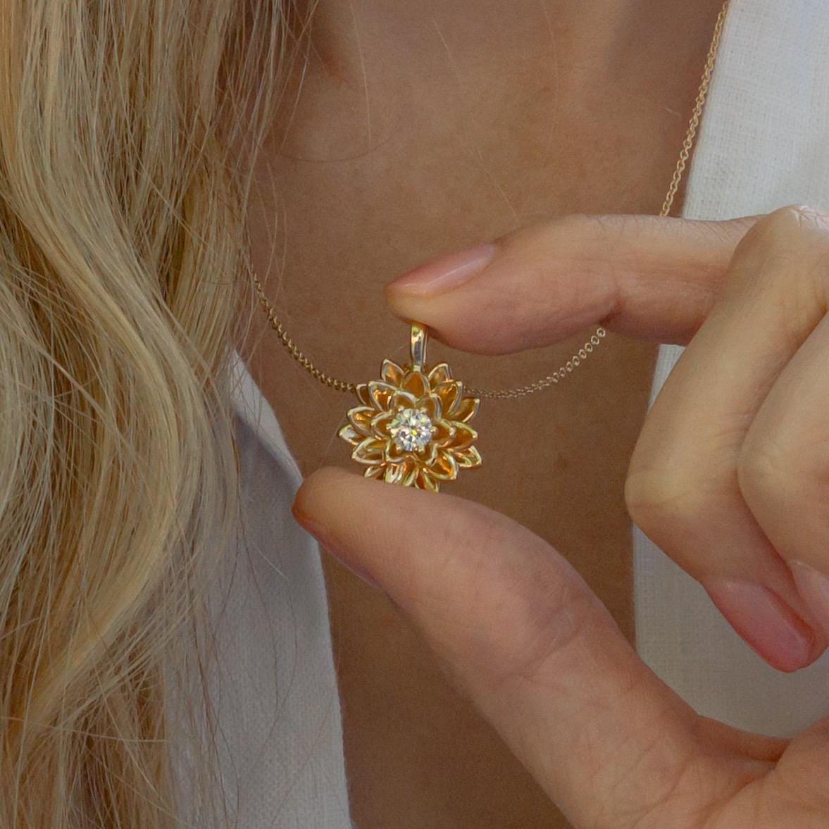 14K Solid Gold Lotus Waterlily Flower with Lab Diamond