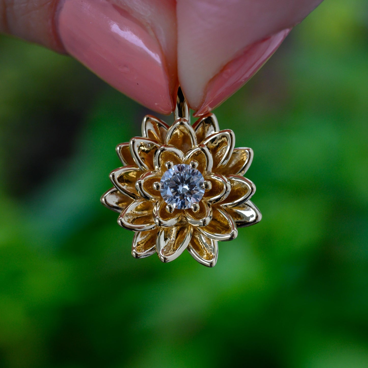 14K Solid Gold Lotus Waterlily Flower with Lab Diamond