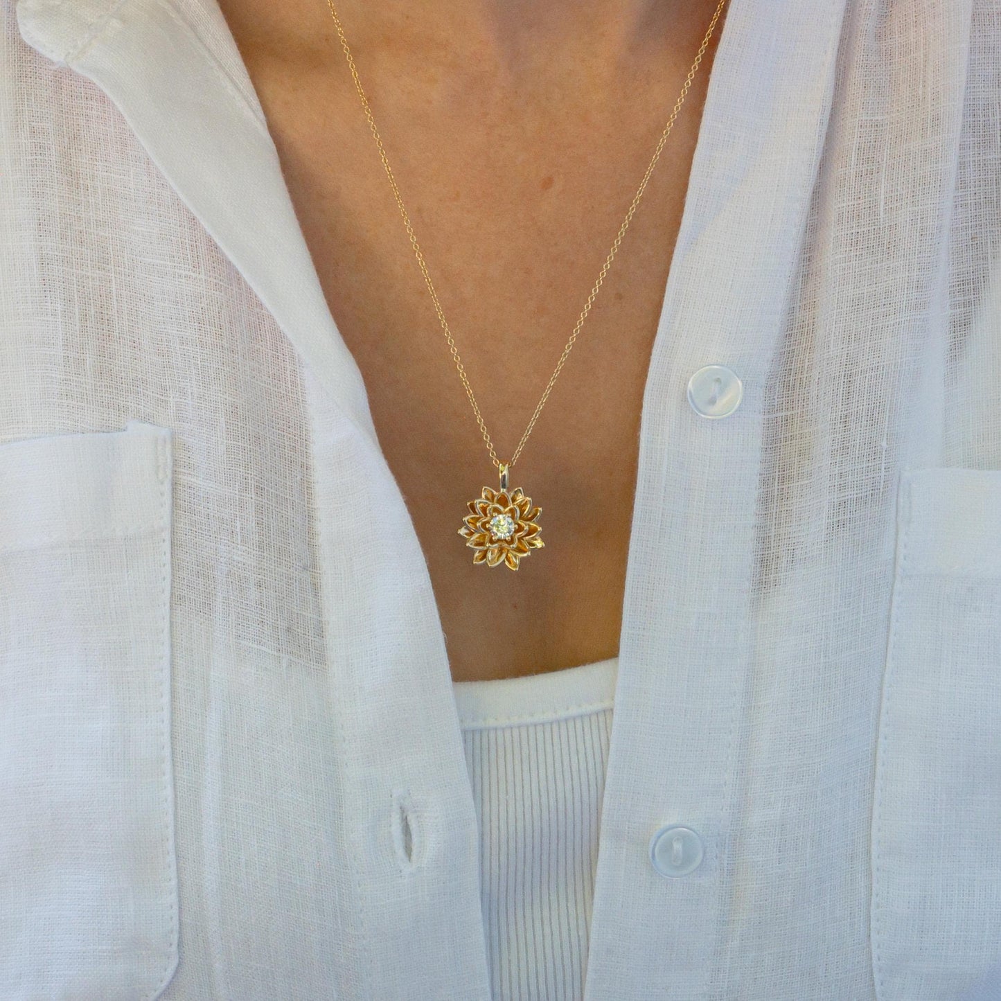 14K Solid Gold Lotus Waterlily Flower with Lab Diamond