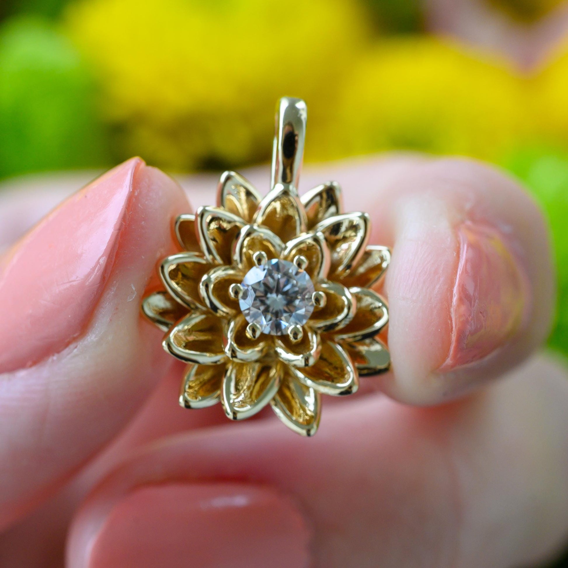 14K Solid Gold Lotus Waterlily Flower with Lab Diamond