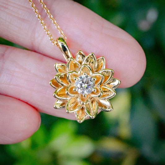 14K Solid Gold Lotus Waterlily Flower with Lab Diamond