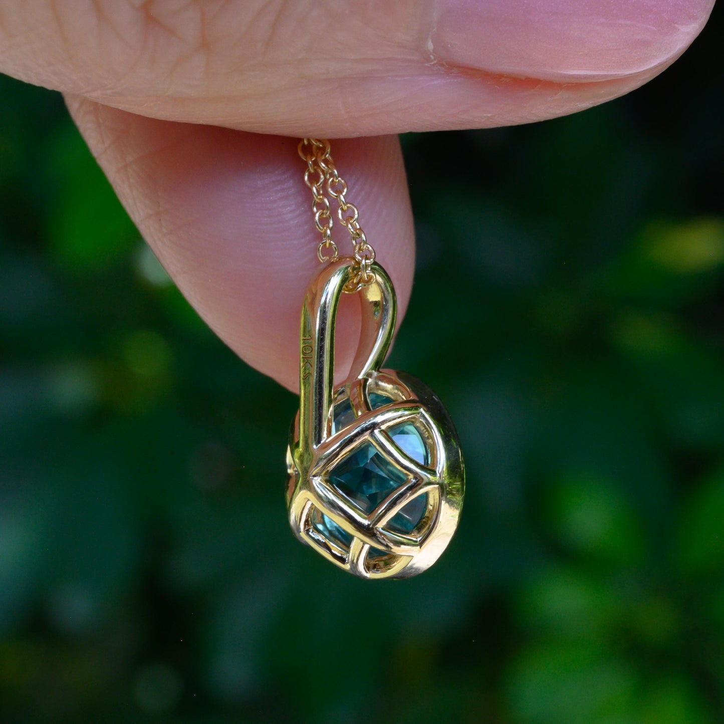 10k Yellow Gold lab Aqua blue sapphire brilliant cut Charm Necklace: Elegant Bezel-Set Pendant