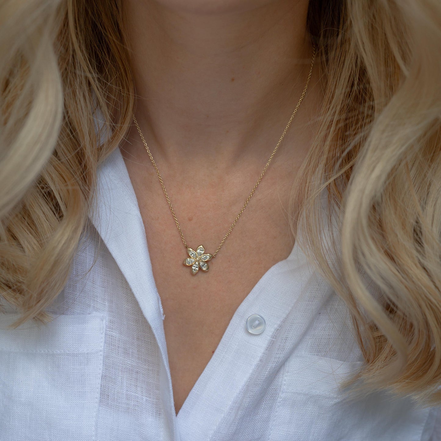 14K Yellow Gold Diamond Daisy Necklace