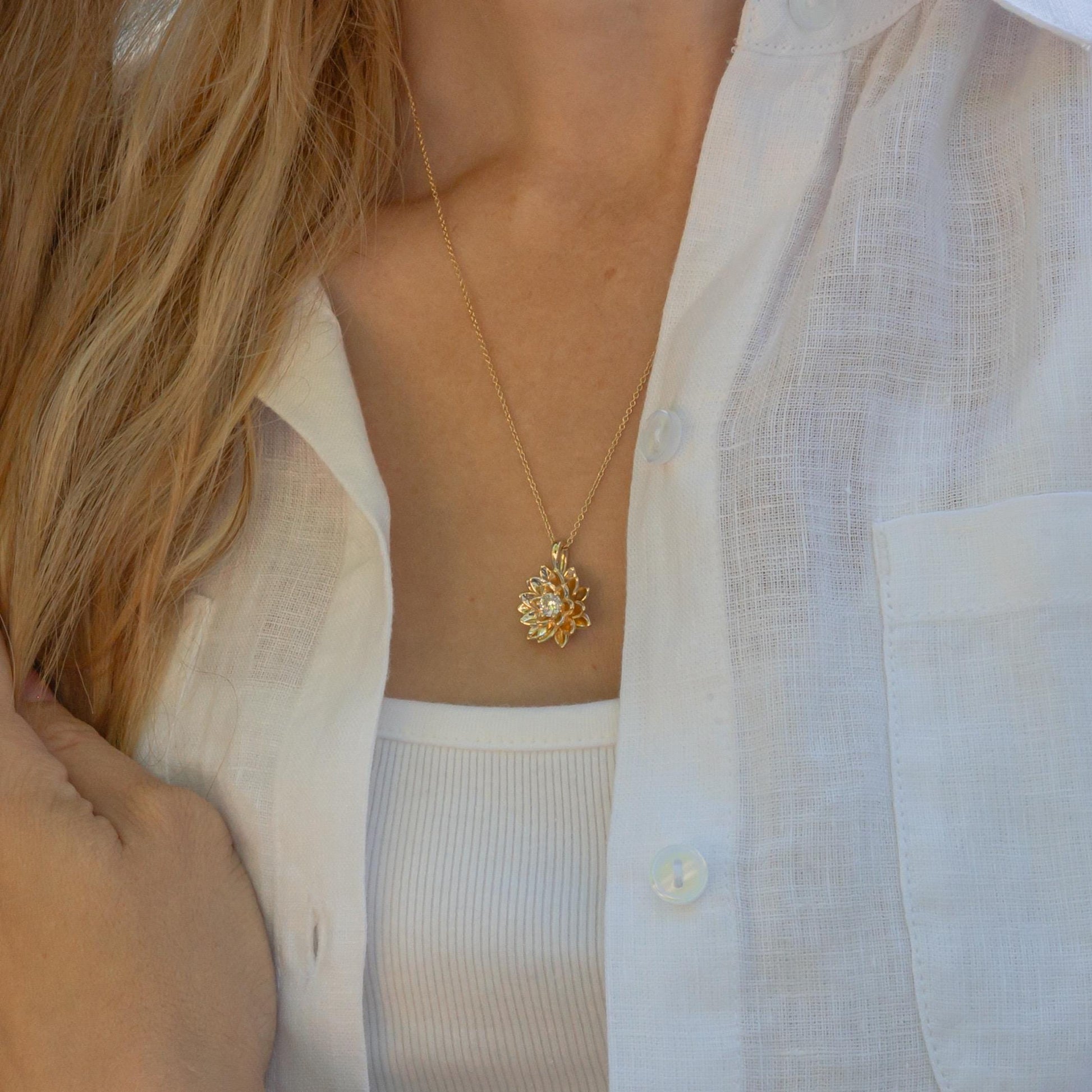 14K Solid Gold Lotus Waterlily Flower with Lab Diamond