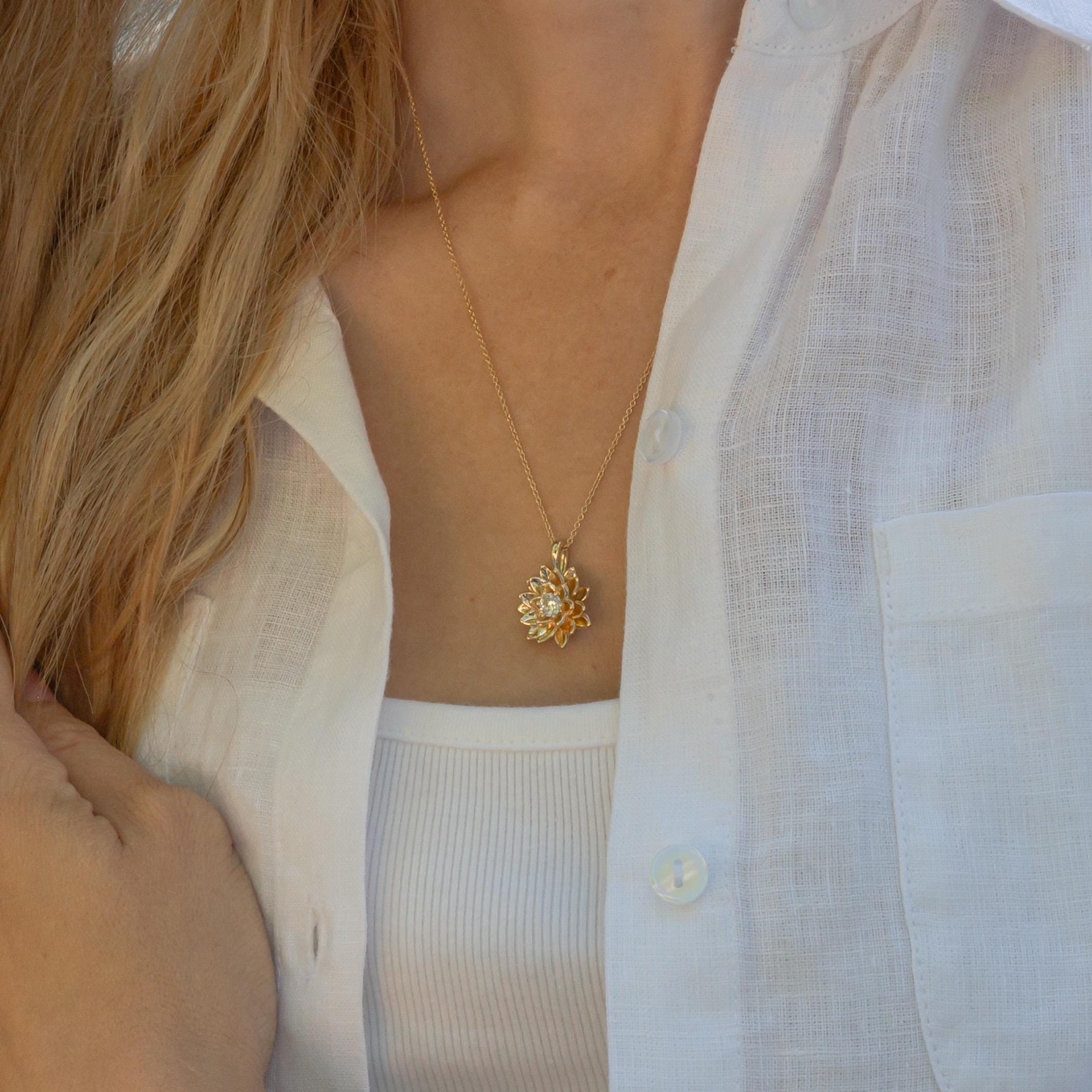14K Solid Gold Lotus Waterlily Flower with Lab Diamond